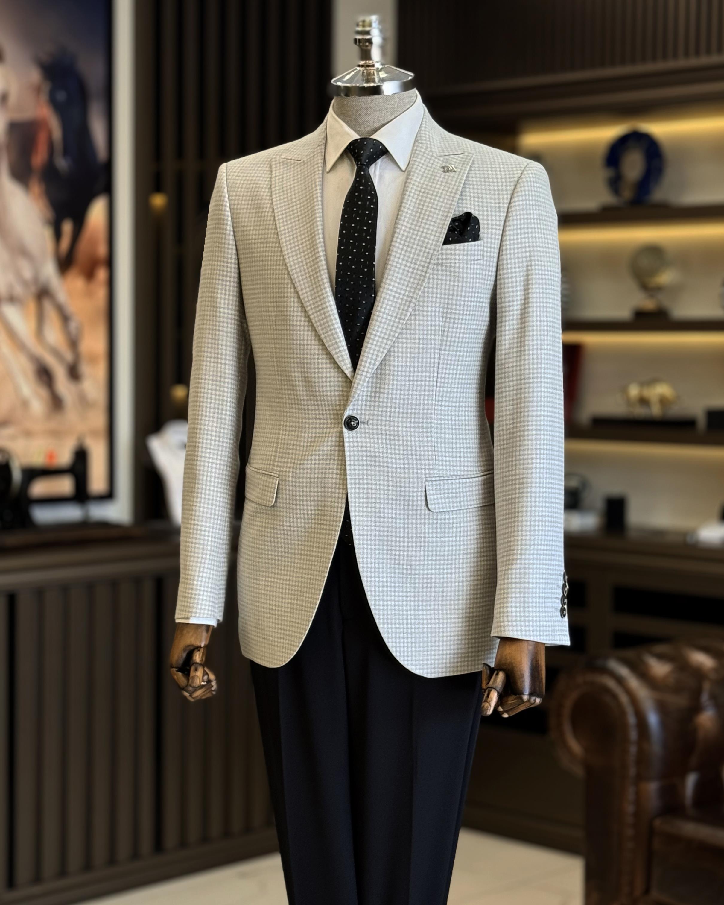 İtalyan stil slim fit kazayağı desen erkek ceket gri  T12544