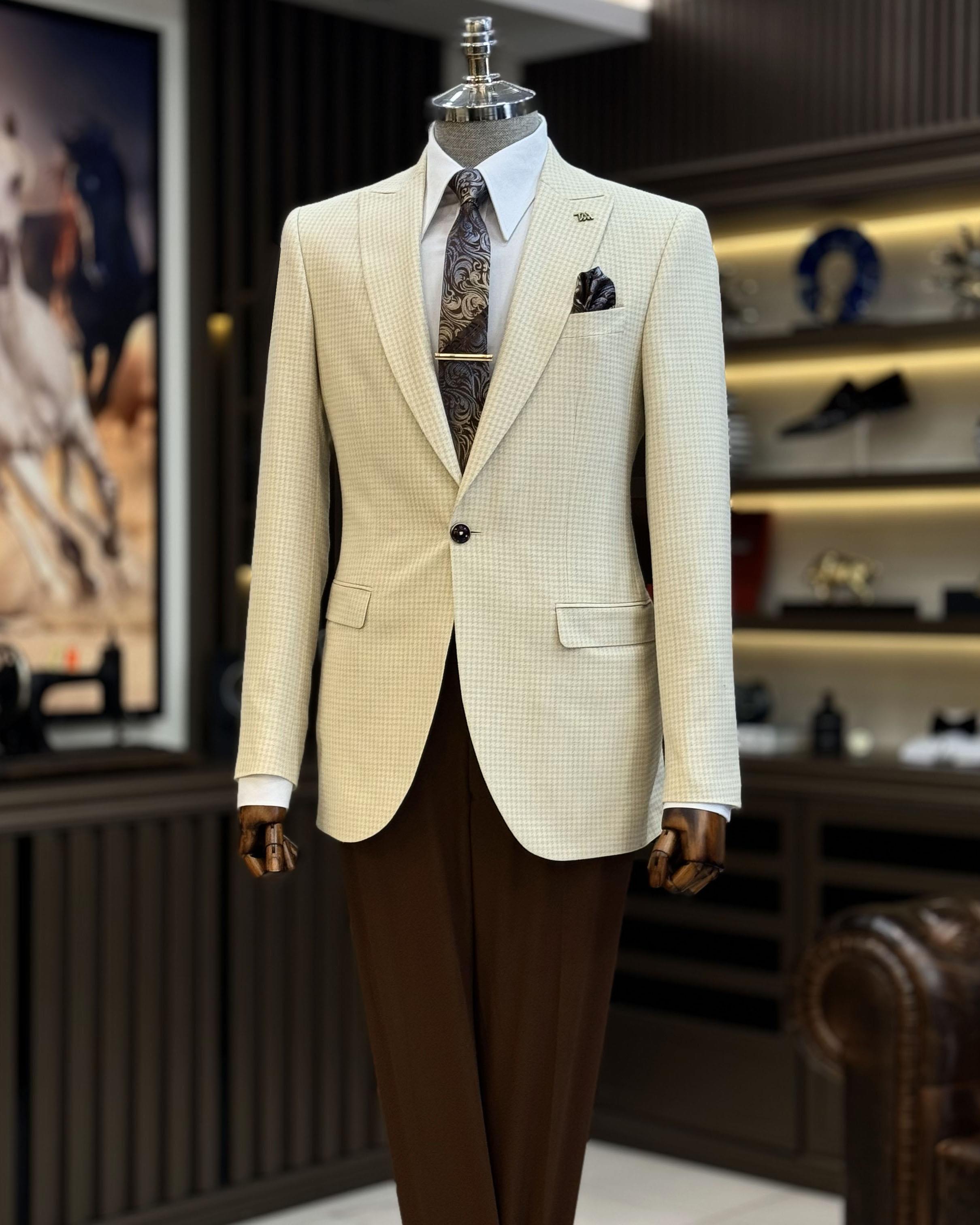 İtalyan stil slim fit kazayağı desen erkek ceket bej T12538