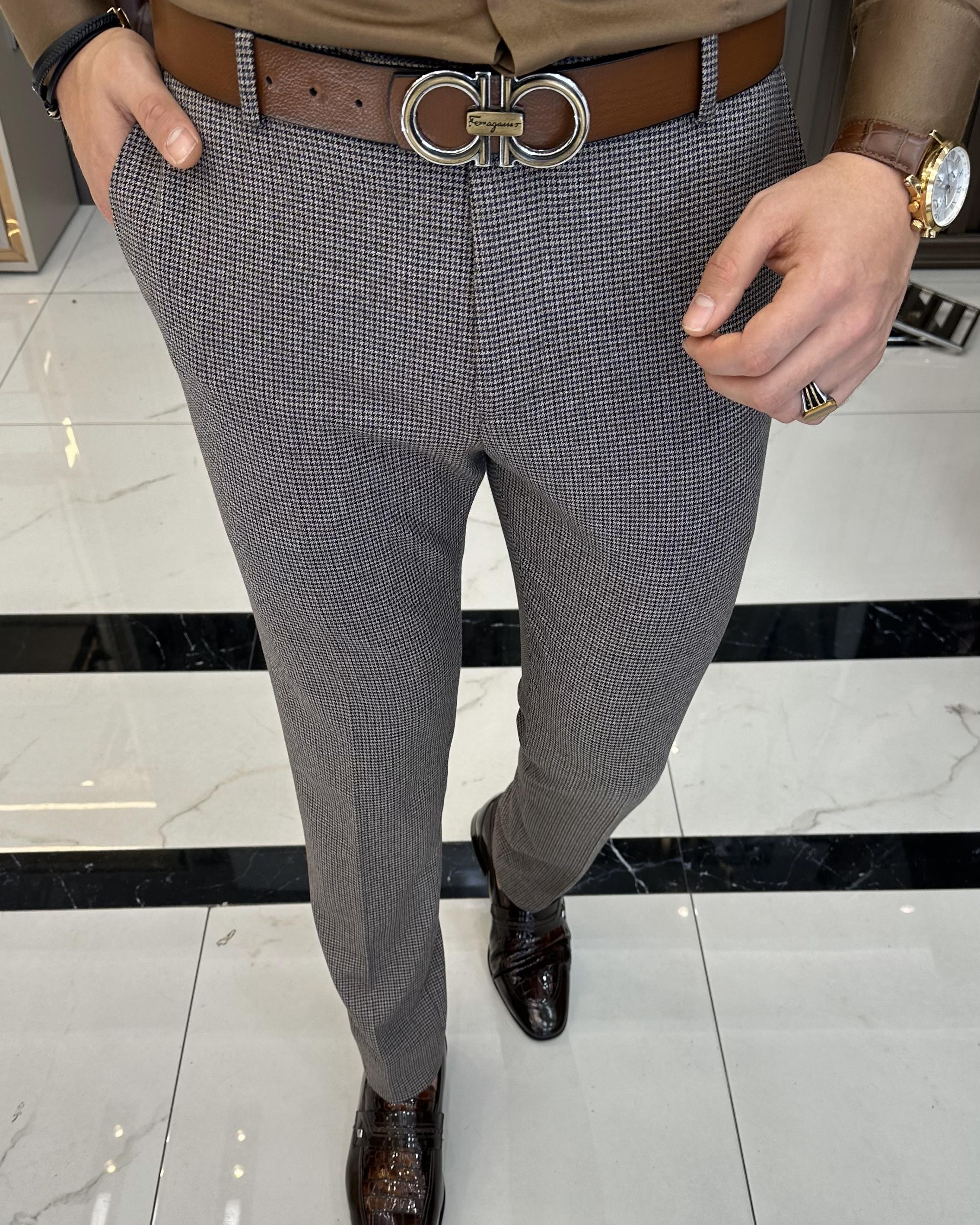 Italian style slim fit houndstooth pattern men's trousers brown T10172