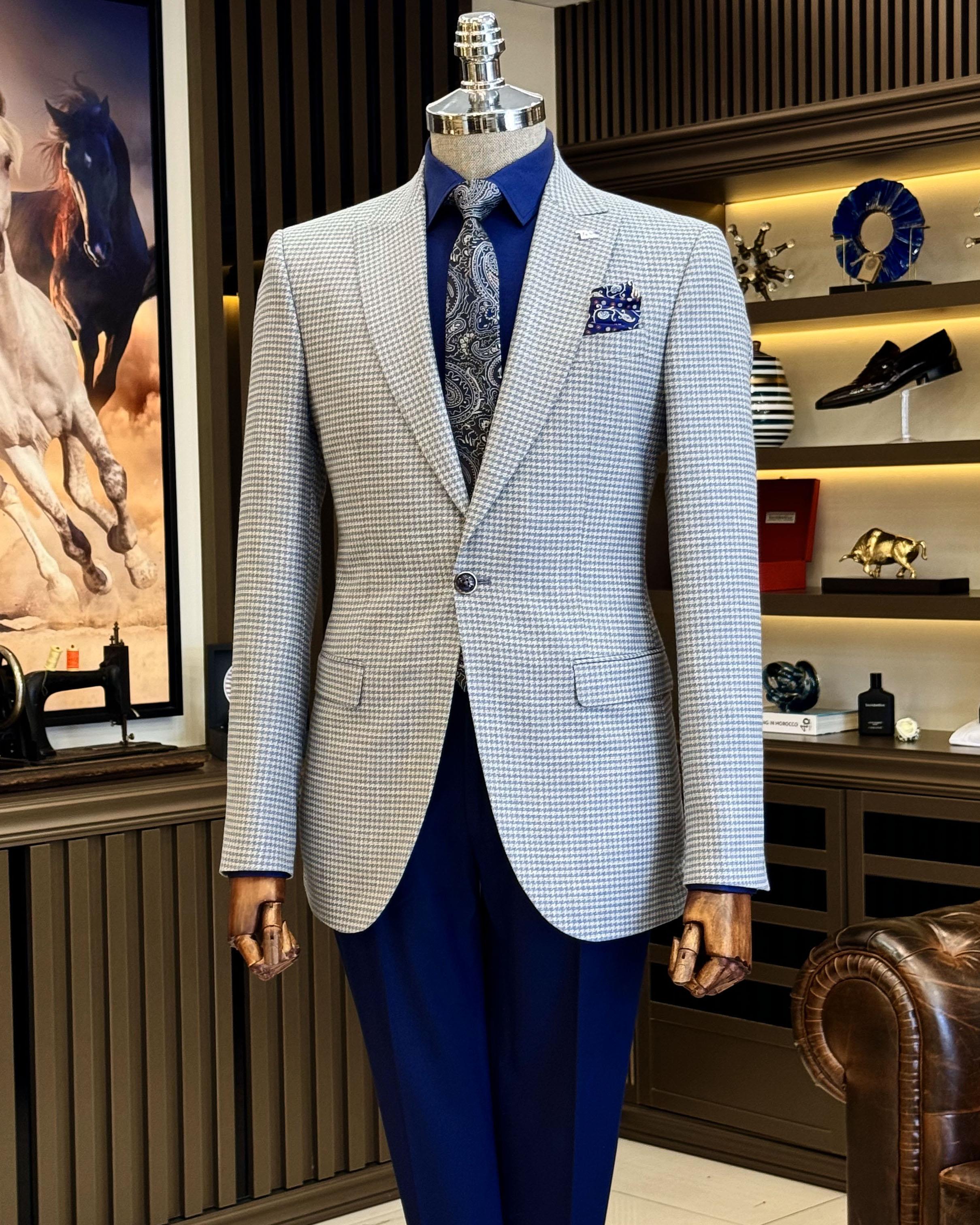 İtalyan stil slim fit kazayağı desen erkek ceket mavi  T12542