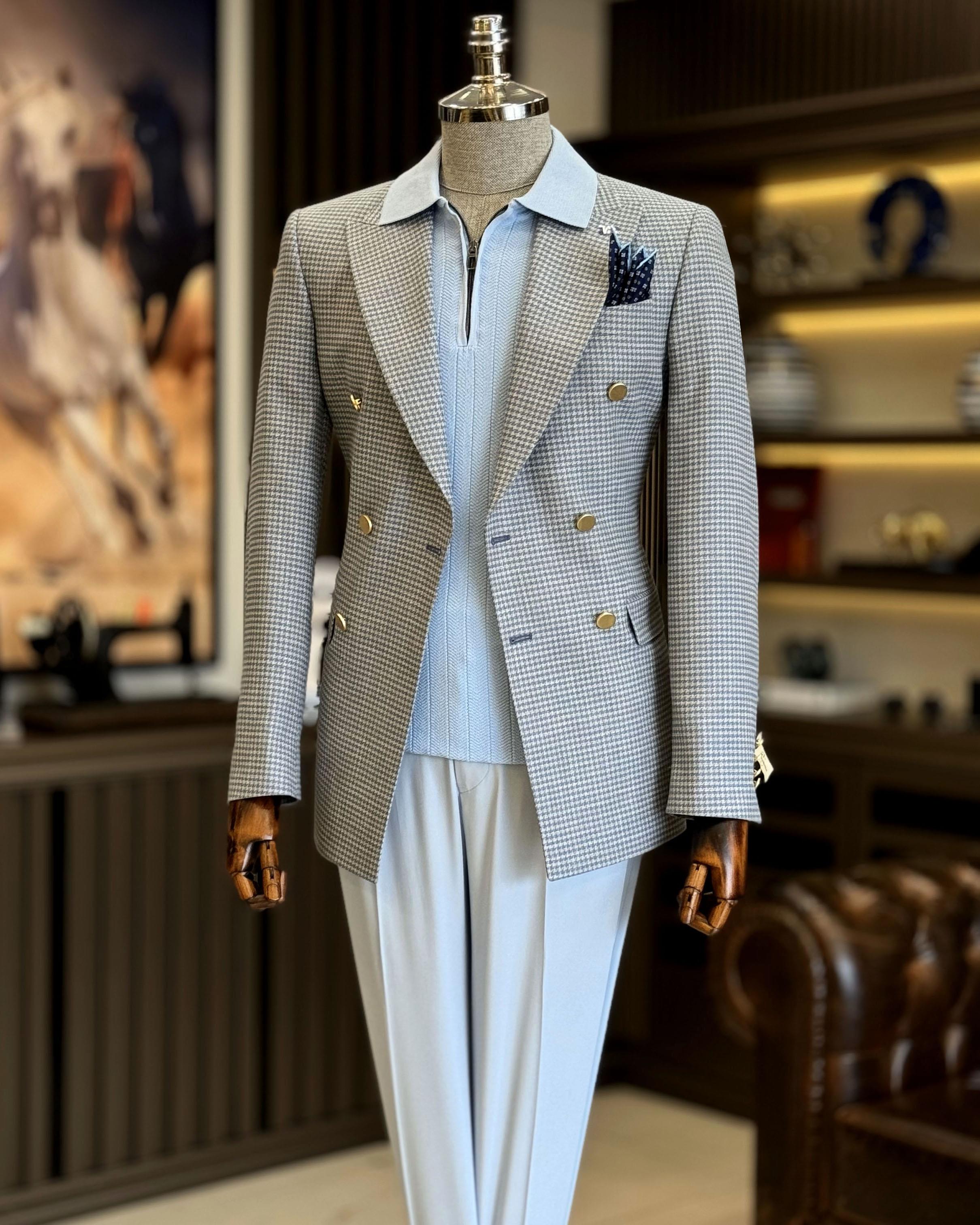 İtalyan stil slim fit kazayağı desen kruvaze erkek ceket mavi T12555