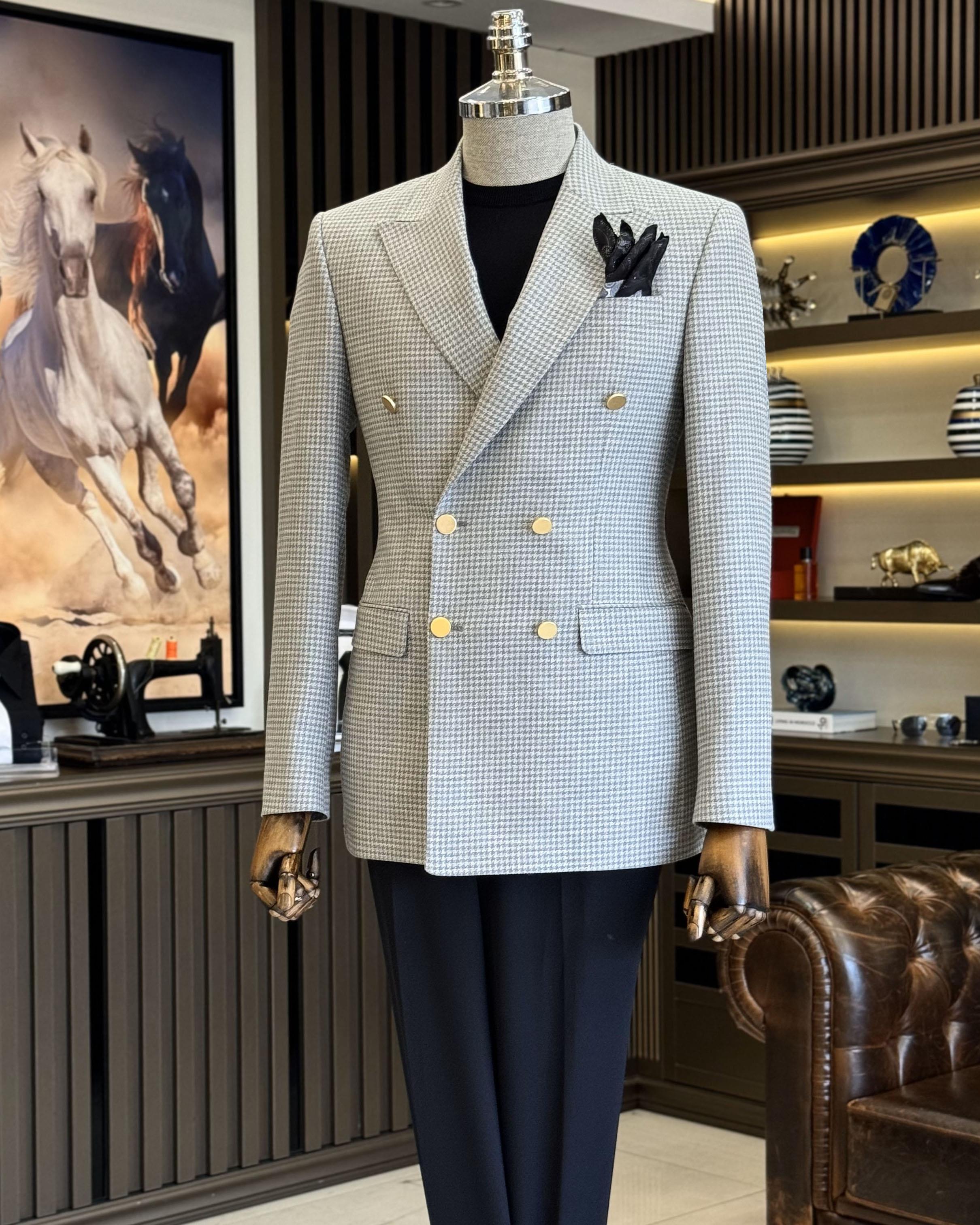 İtalyan stil slim fit kazayağı desen kruvaze erkek ceket gri T12556