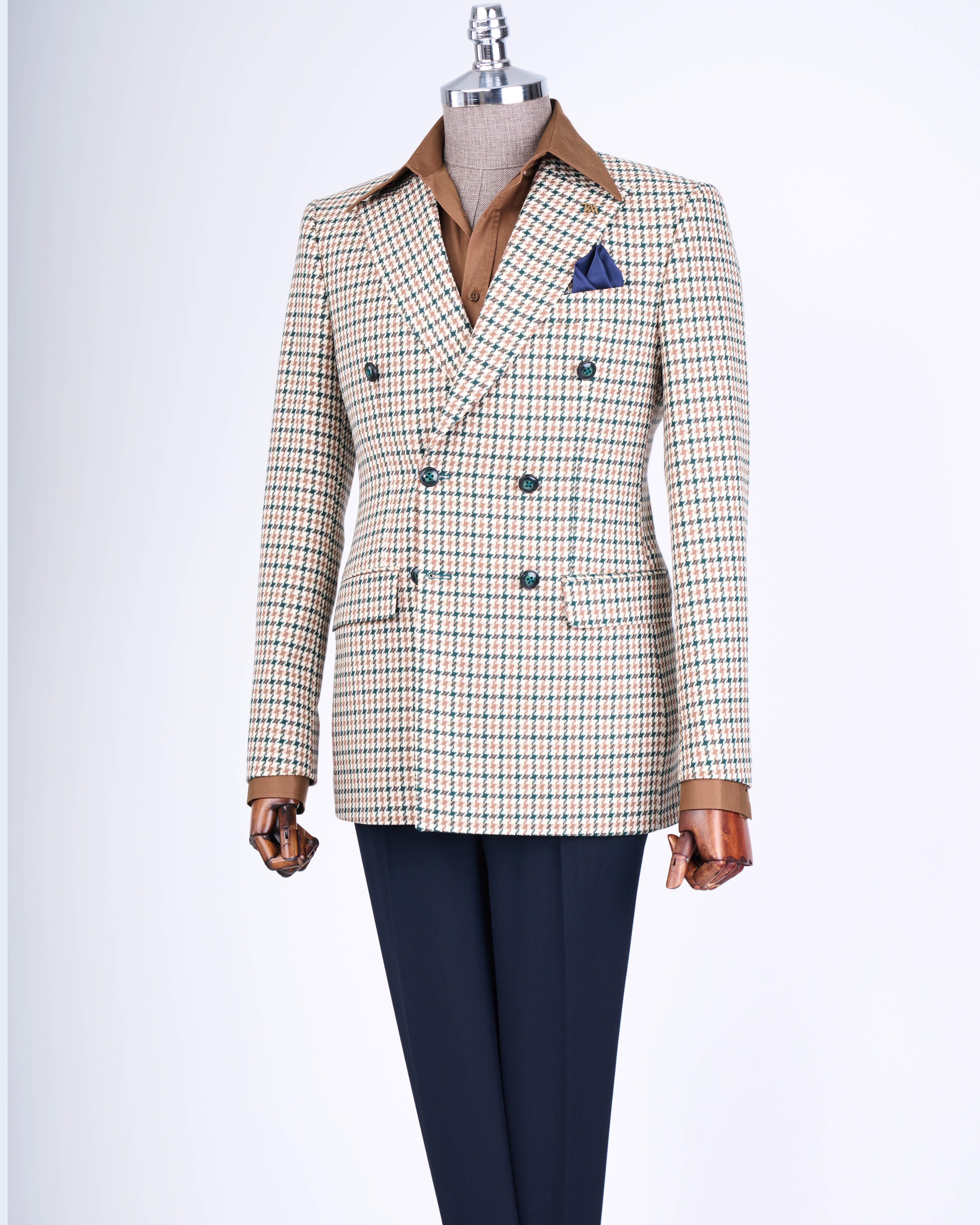 İtalyan stil slim fit kazayağı desen kruvaze erkek ceket yeşil T13049