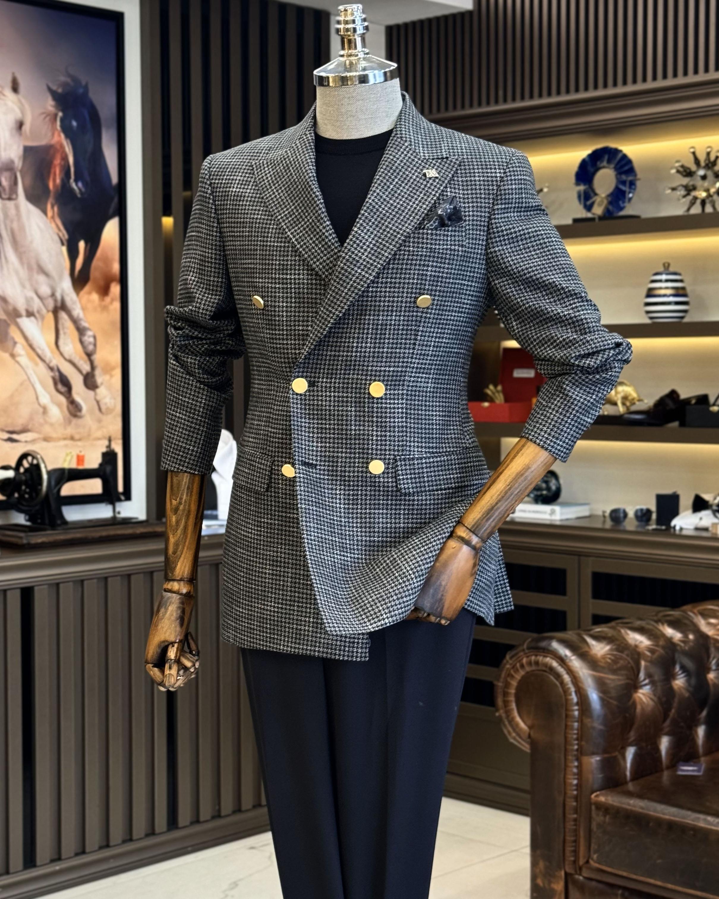 İtalyan stil slim fit kazayağı desen kruvaze erkek ceket siyah T12553