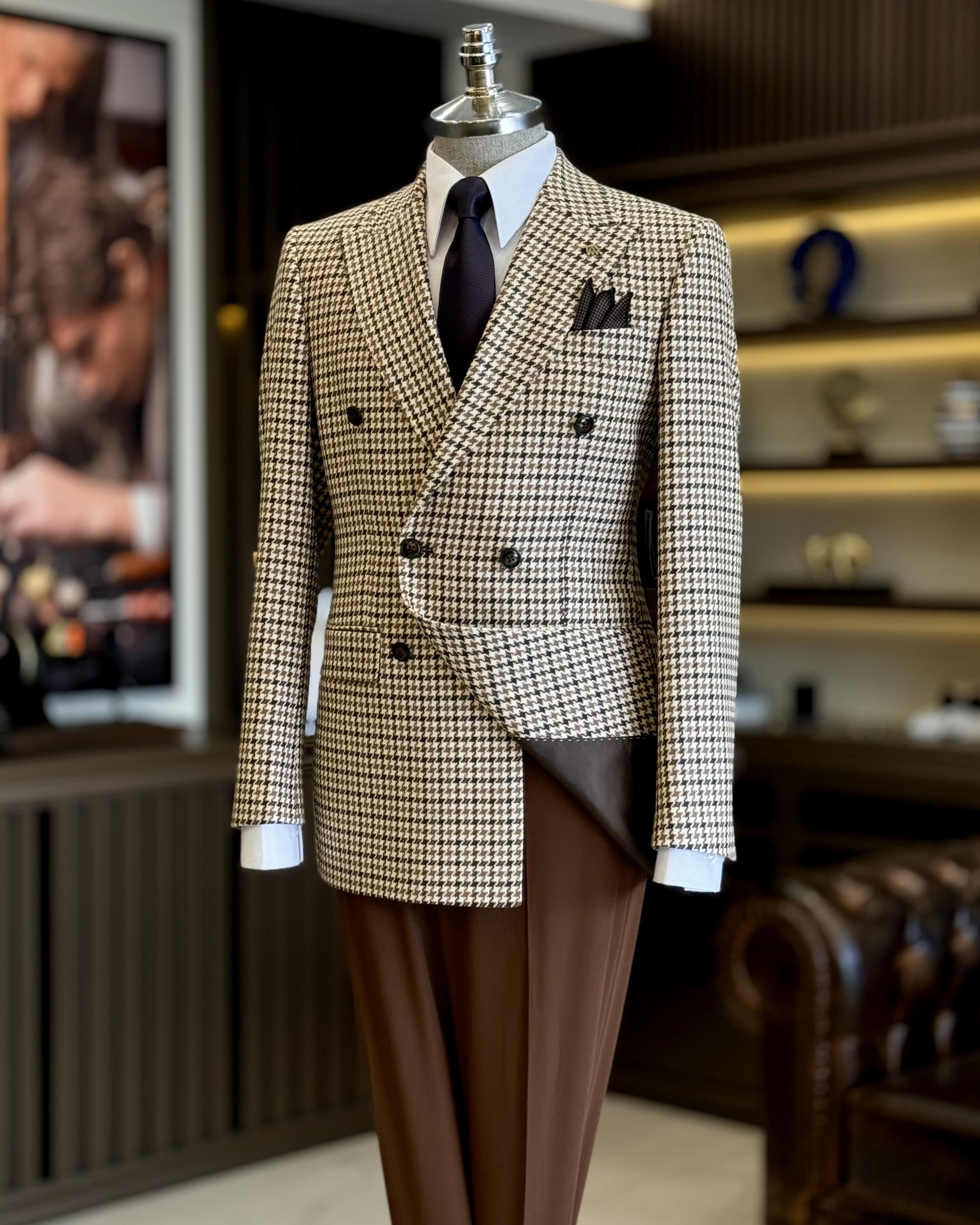 İtalyan stil slim fit kazayağı desen kruvaze erkek ceket kahverengi T13050