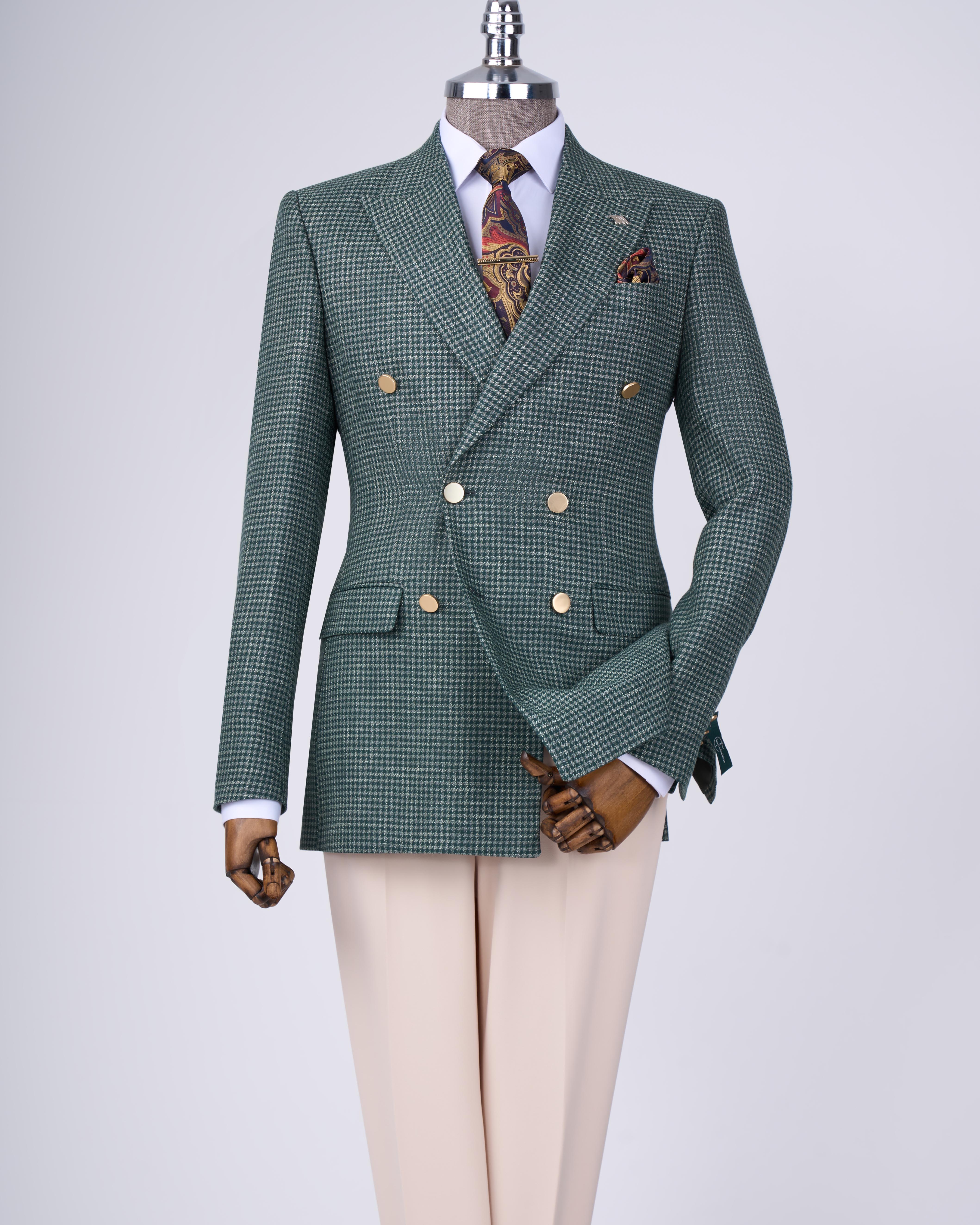 Italian style slim fit houndstooth pattern double breasted men's jacket green T12552