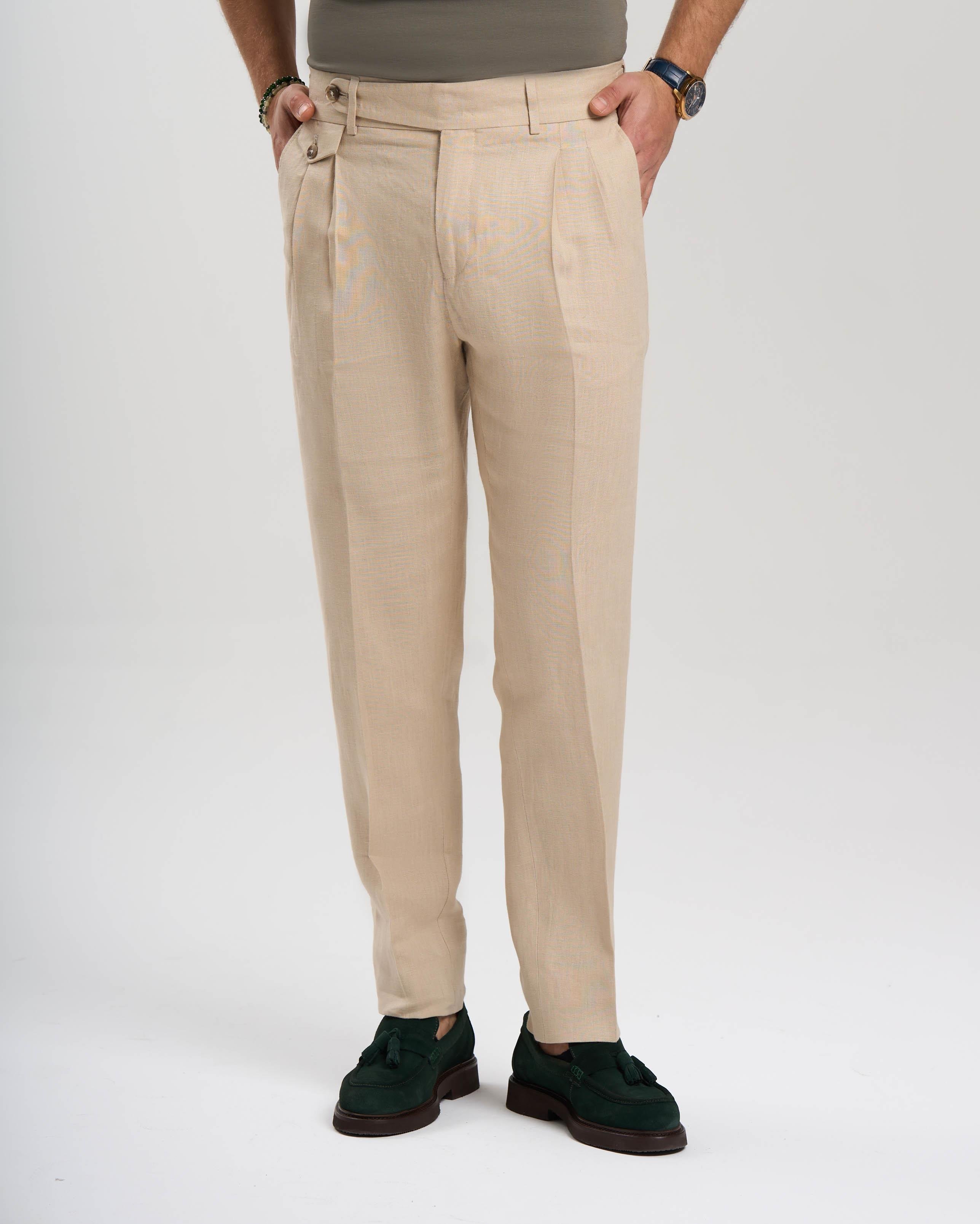 İtalyan stil slim fit keten karışımlı pantolon bej T13624