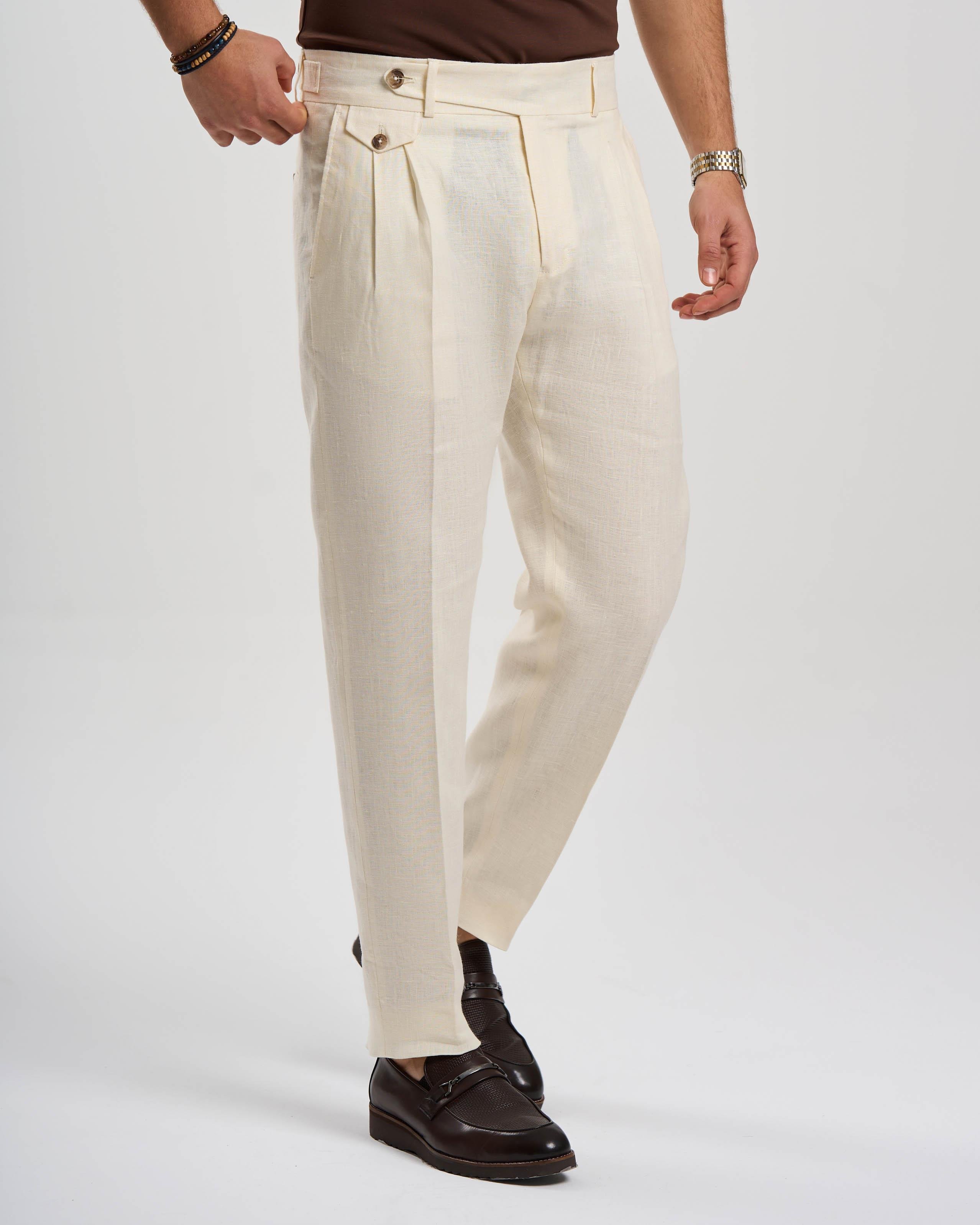 İtalyan stil slim fit keten karışımlı pantolon beyaz T13623