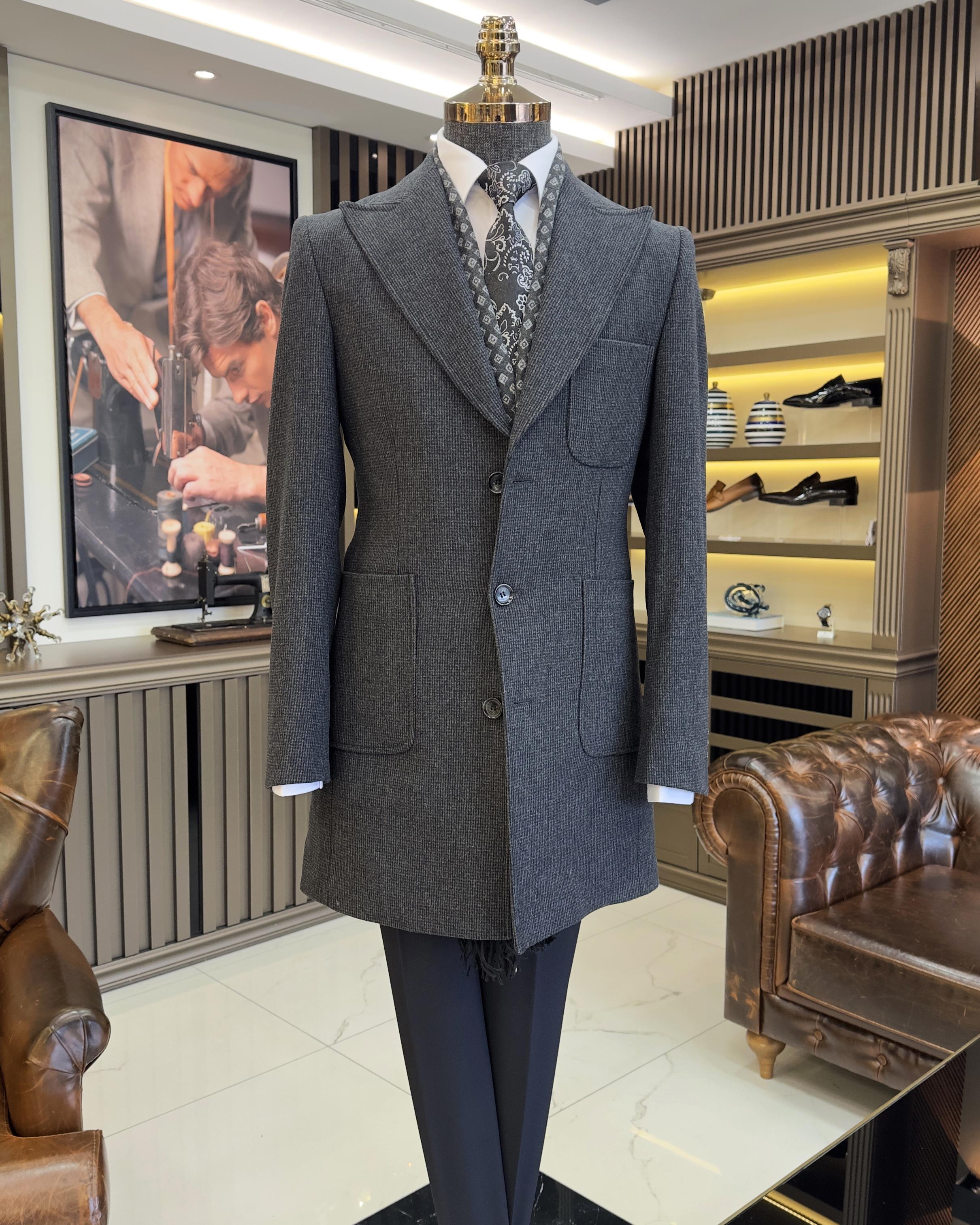 Italian style slim fit swallow collar woolen men's coat anthracite T10135