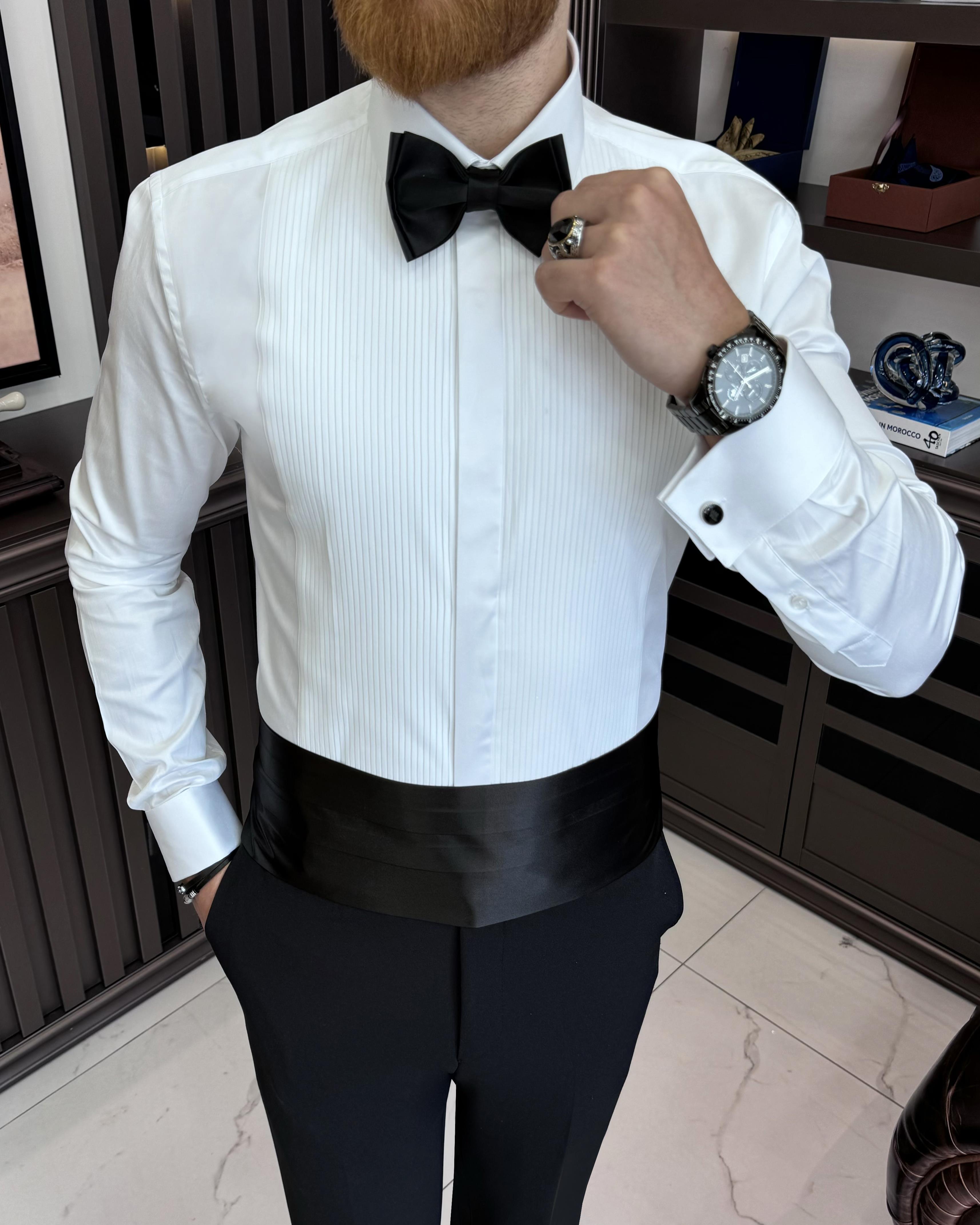 İtalyan stil slim fit kravat yaka duble manşet erkek gömlek beyaz T11600