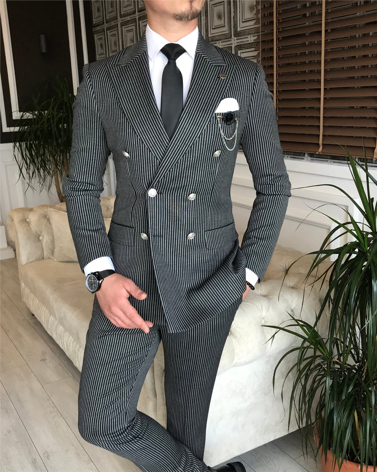 İtalyan stil slim fit kruvaze ceket pantolon takım elbise siyah T6084