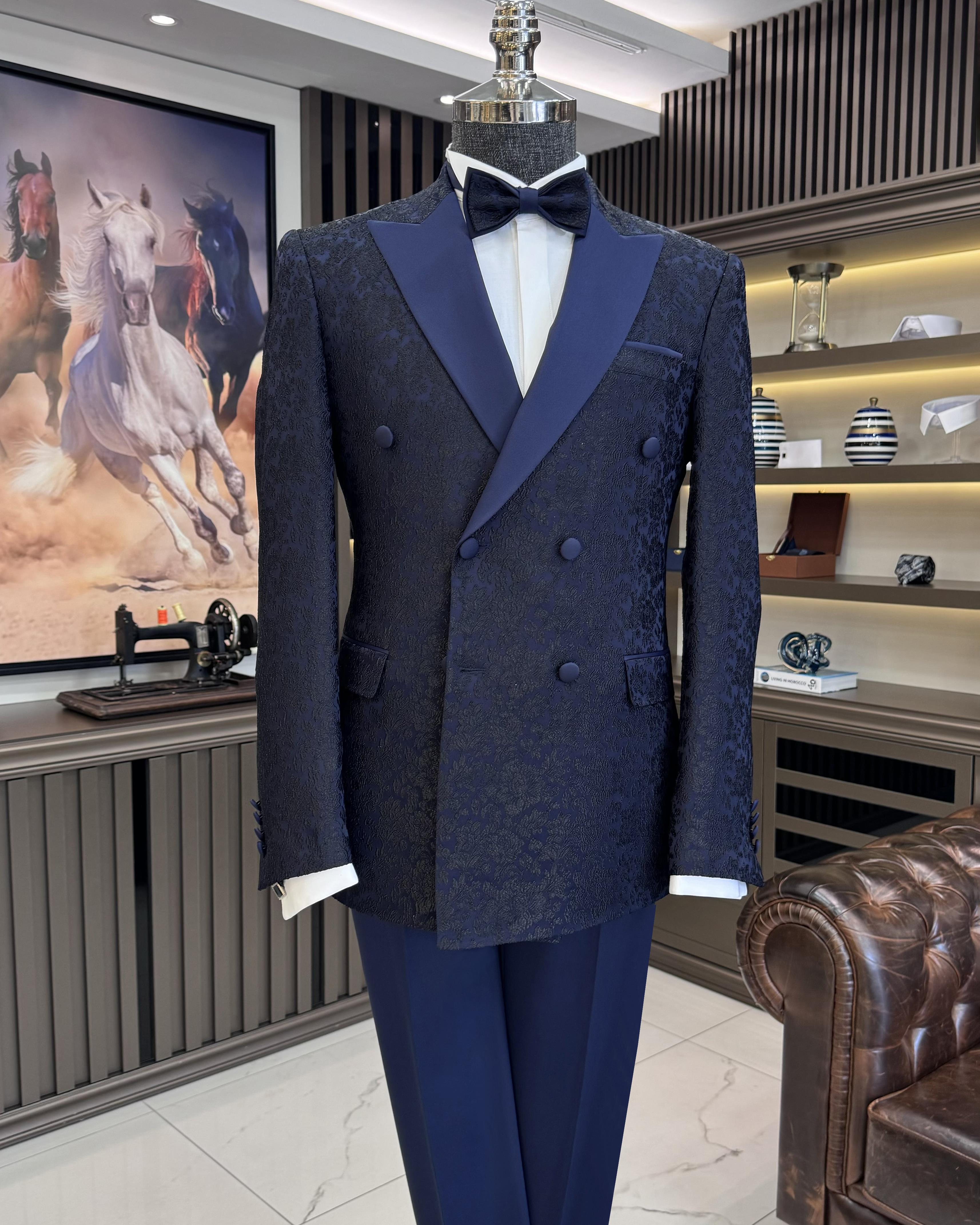 İtalyan stil slim fit kruvaze ceket pantolon damatlık set lacivert T11628
