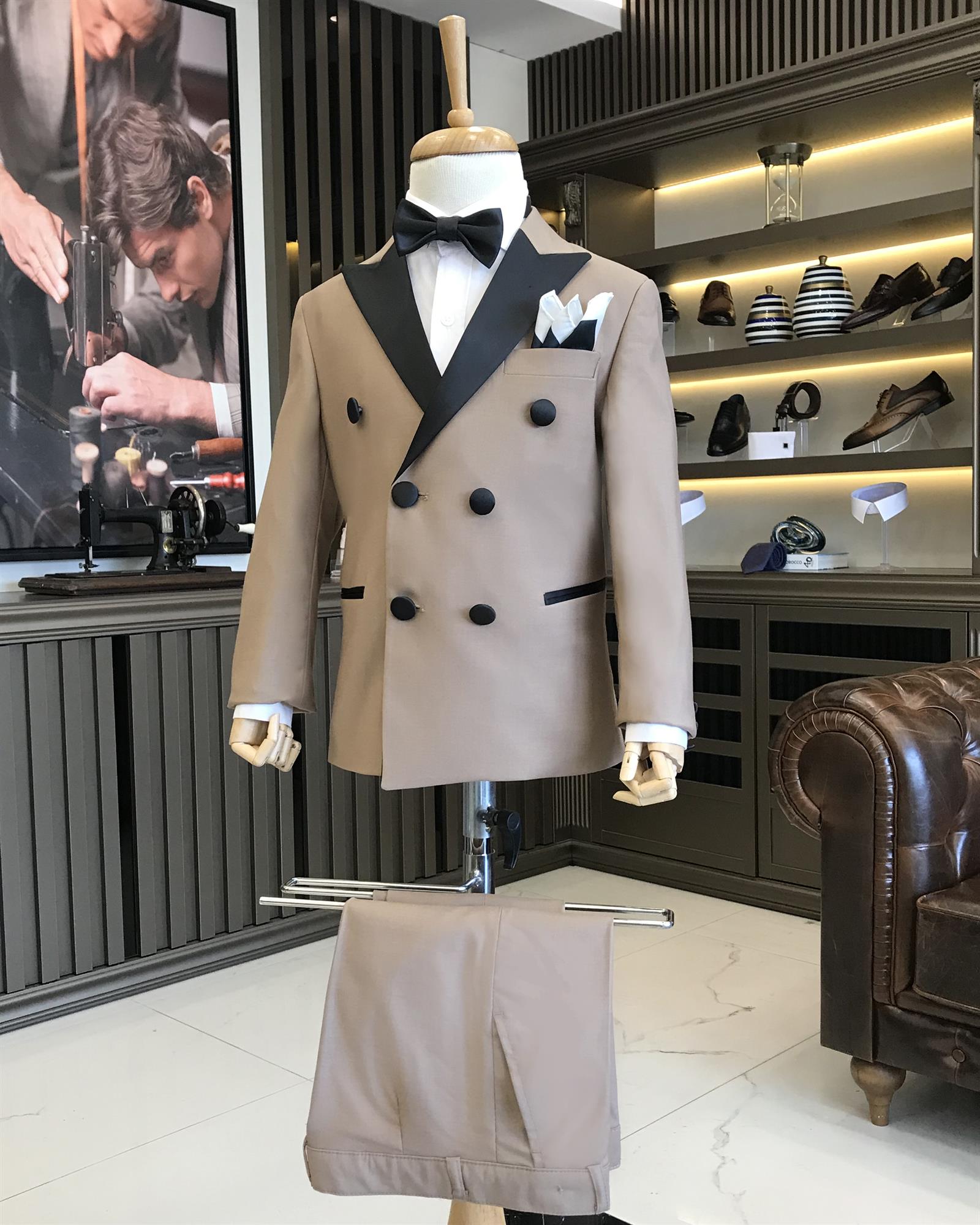 İtalyan stil slim fit kruvaze ceket pantolon çocuk smokin set vizon T8835
