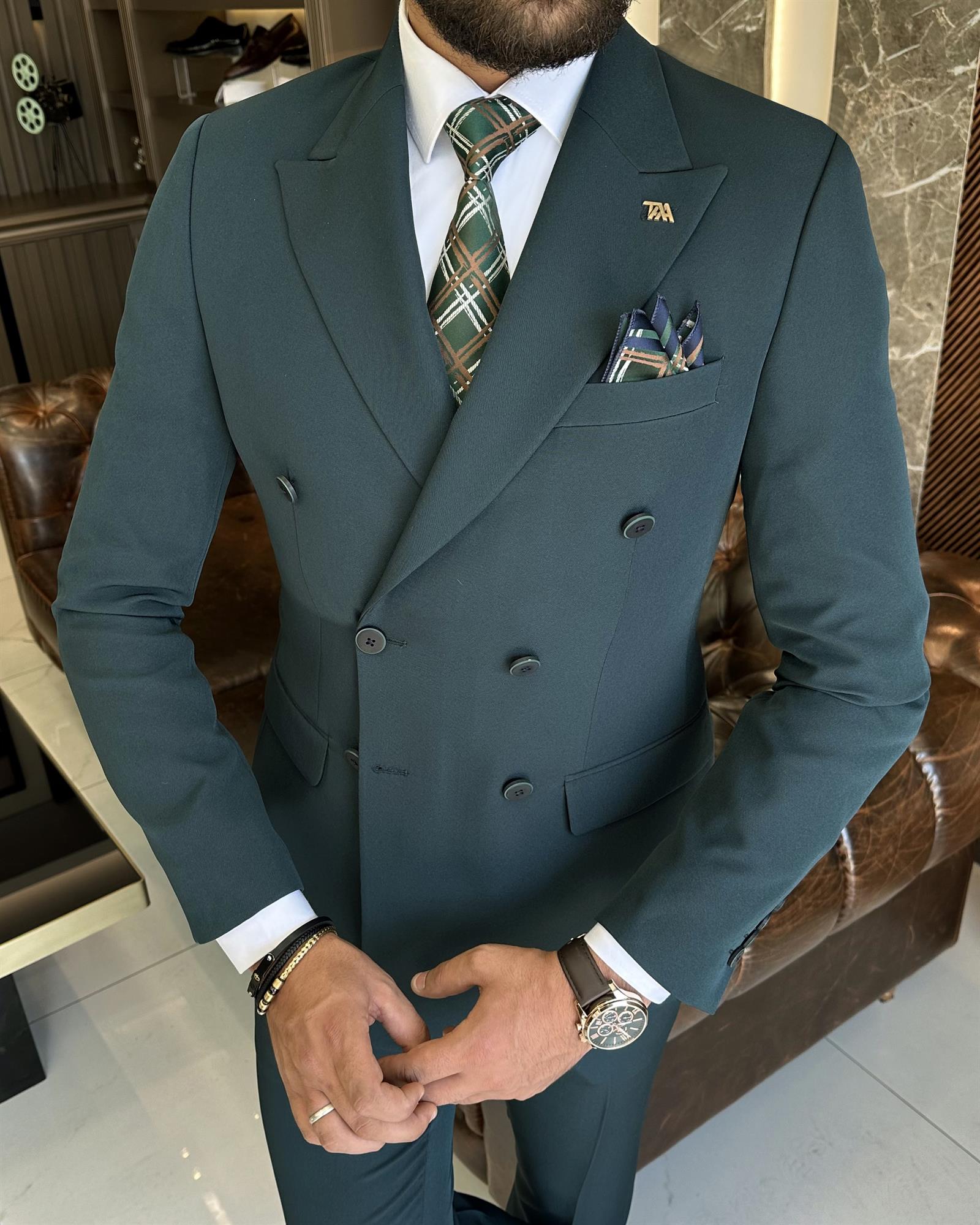 Italian style slim fit double breasted jacket trouser suit green T9995