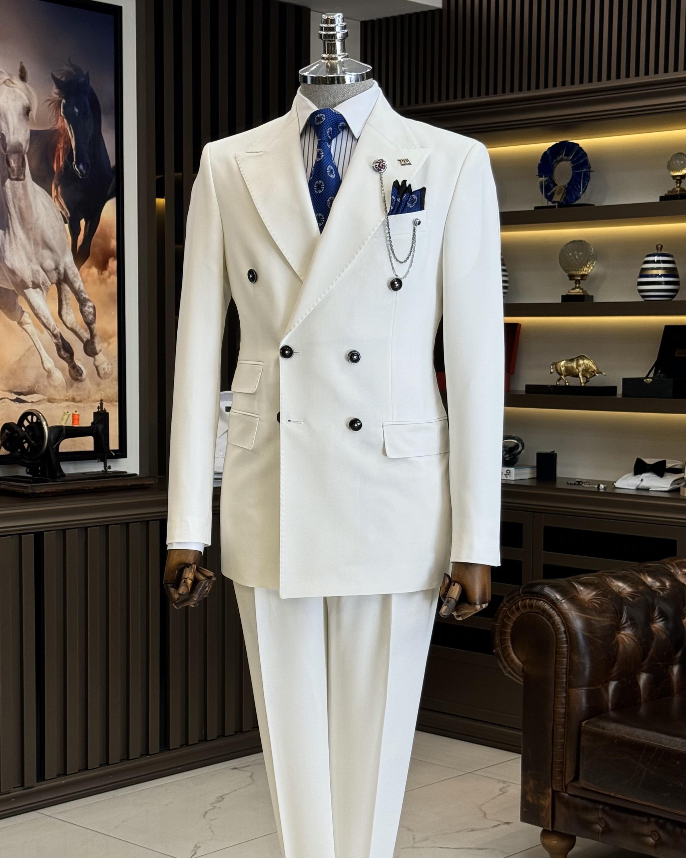 İtalyan stil slim fit kruvaze ceket pantolon takım elbise beyaz T12606