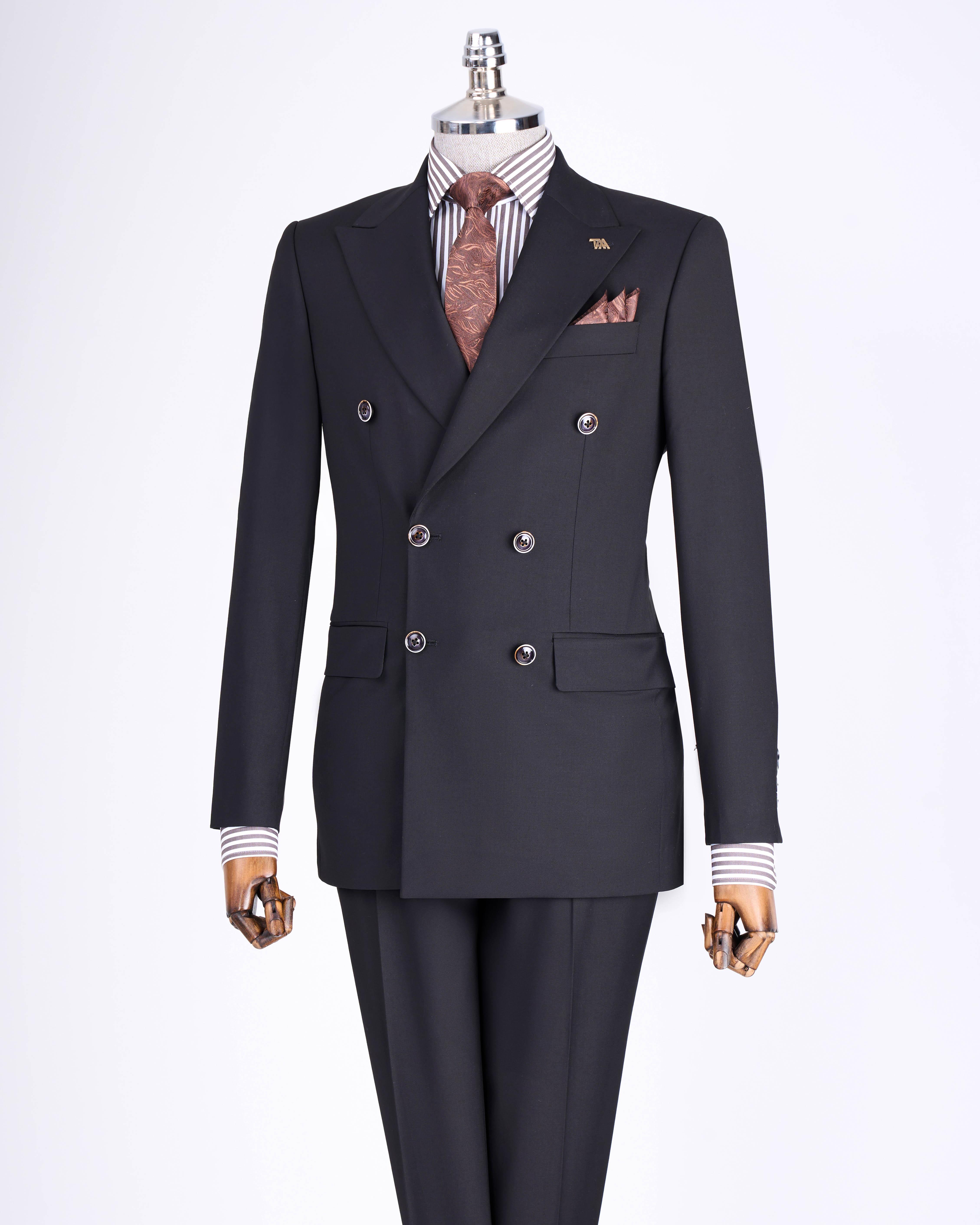 İtalyan stil slim fit kruvaze ceket pantolon takım elbise Siyah T13524