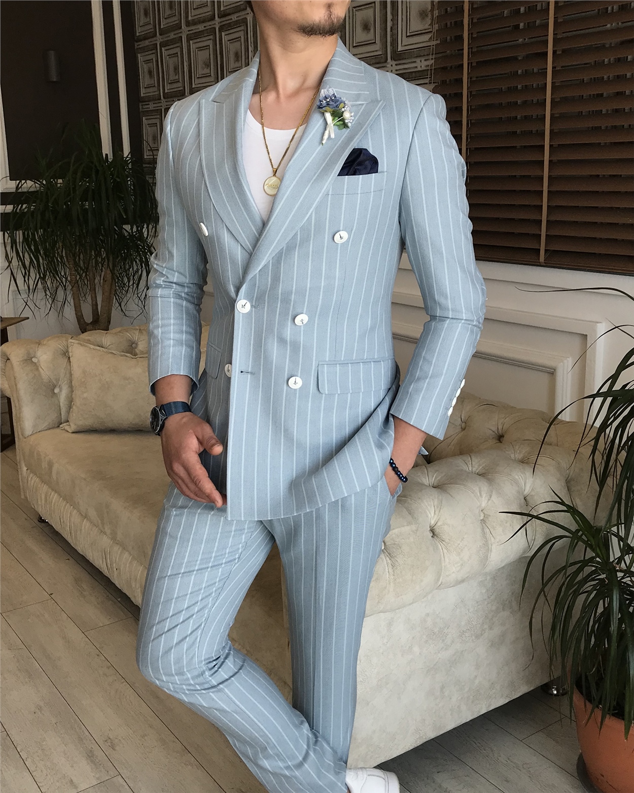 İtalyan stil slim fit kruvaze ceket pantolon takım elbise buz mavisi T6079