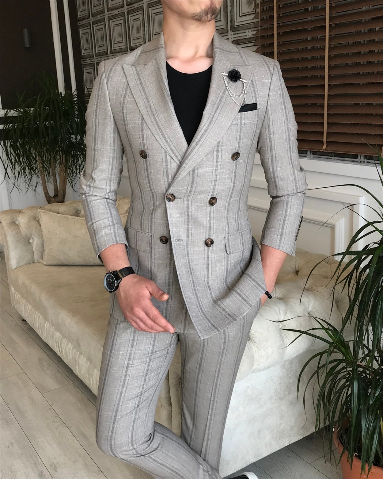 İtalyan stil slim fit kruvaze ceket pantolon takım elbise açık kahverengi T6081
