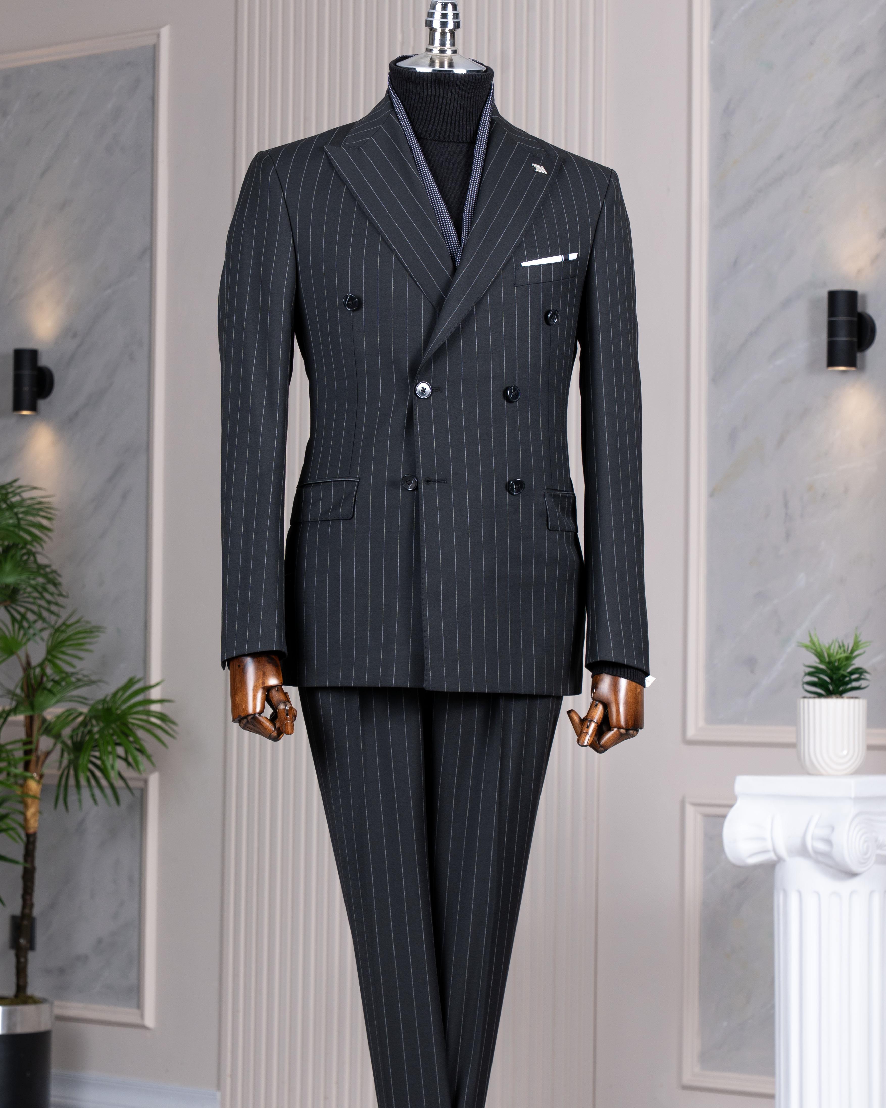 İtalyan stil kruvaze yün karışımlı ceket pantolon takım elbise siyah T14323