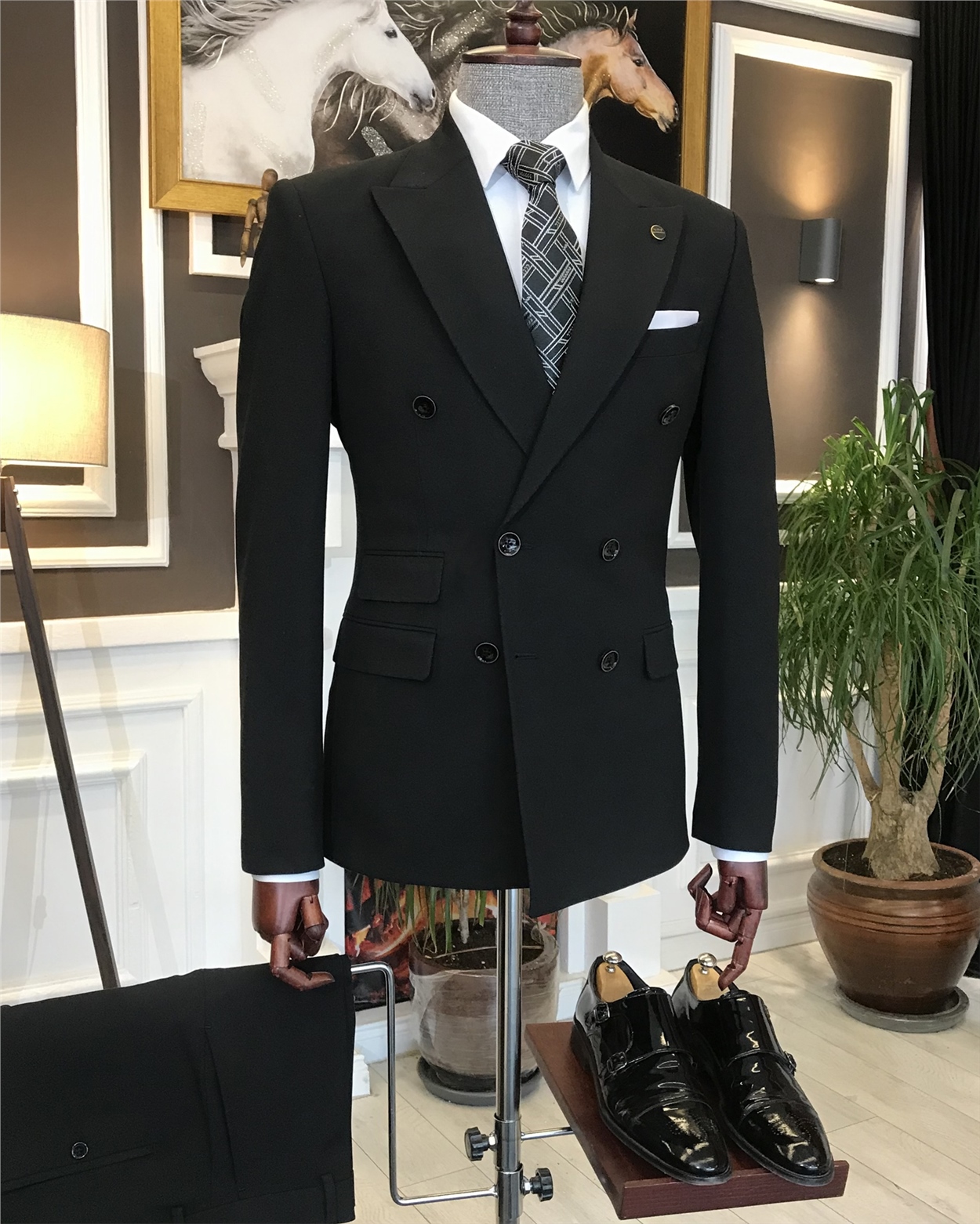 İtalyan stil slim fit kruvaze ceket pantolon takım elbise Siyah T5324