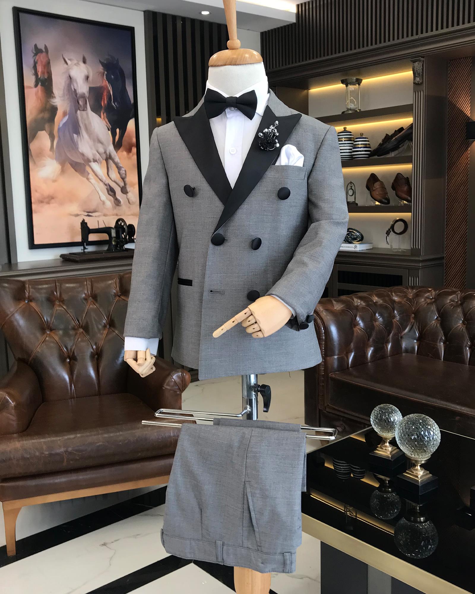 İtalyan stil slim fit kruvaze ceket pantolon çocuk smokin set Gri T8834