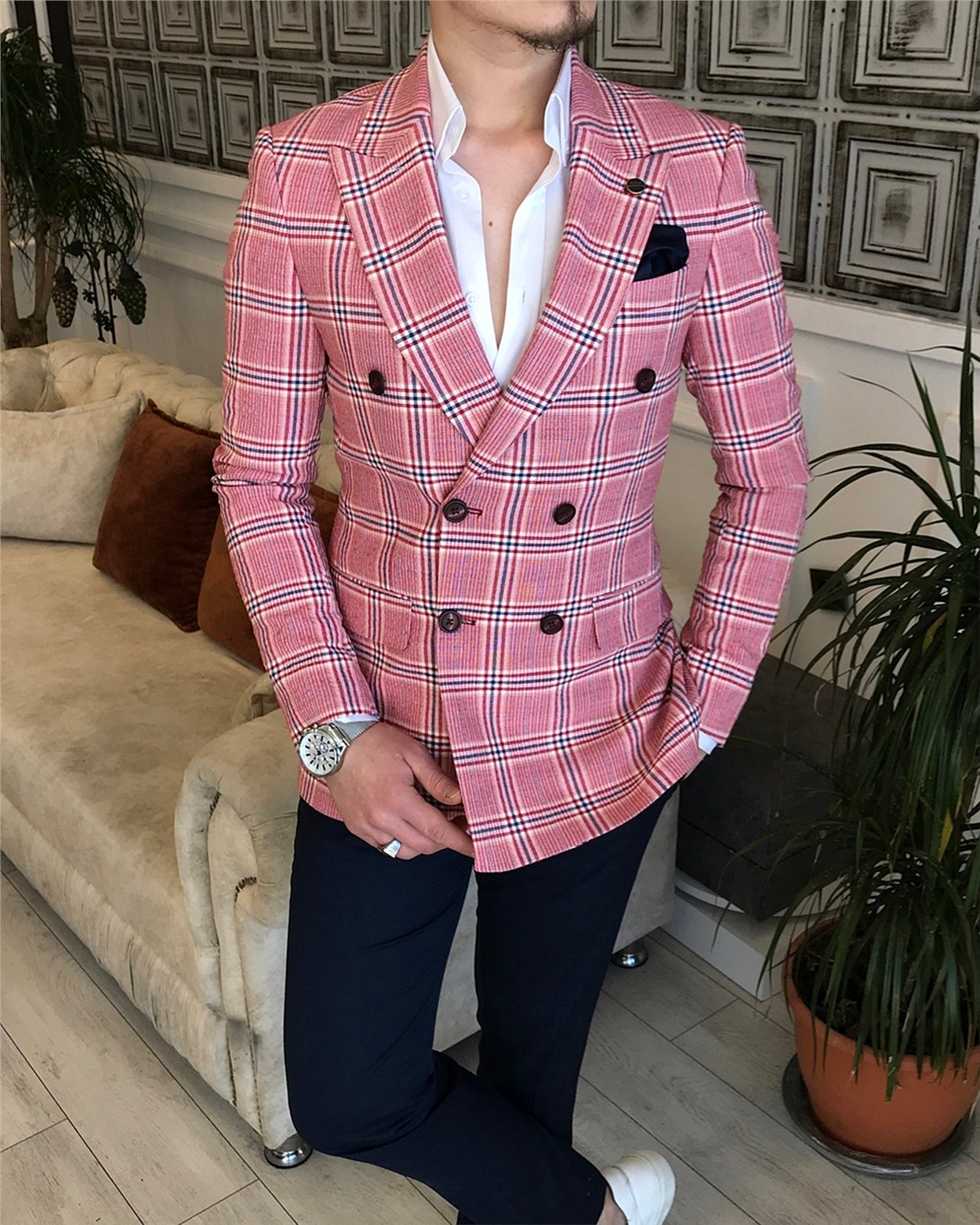 İtalyan stil slim fit kruvaze ekose blazer tek ceket Çok Renkli T5468
