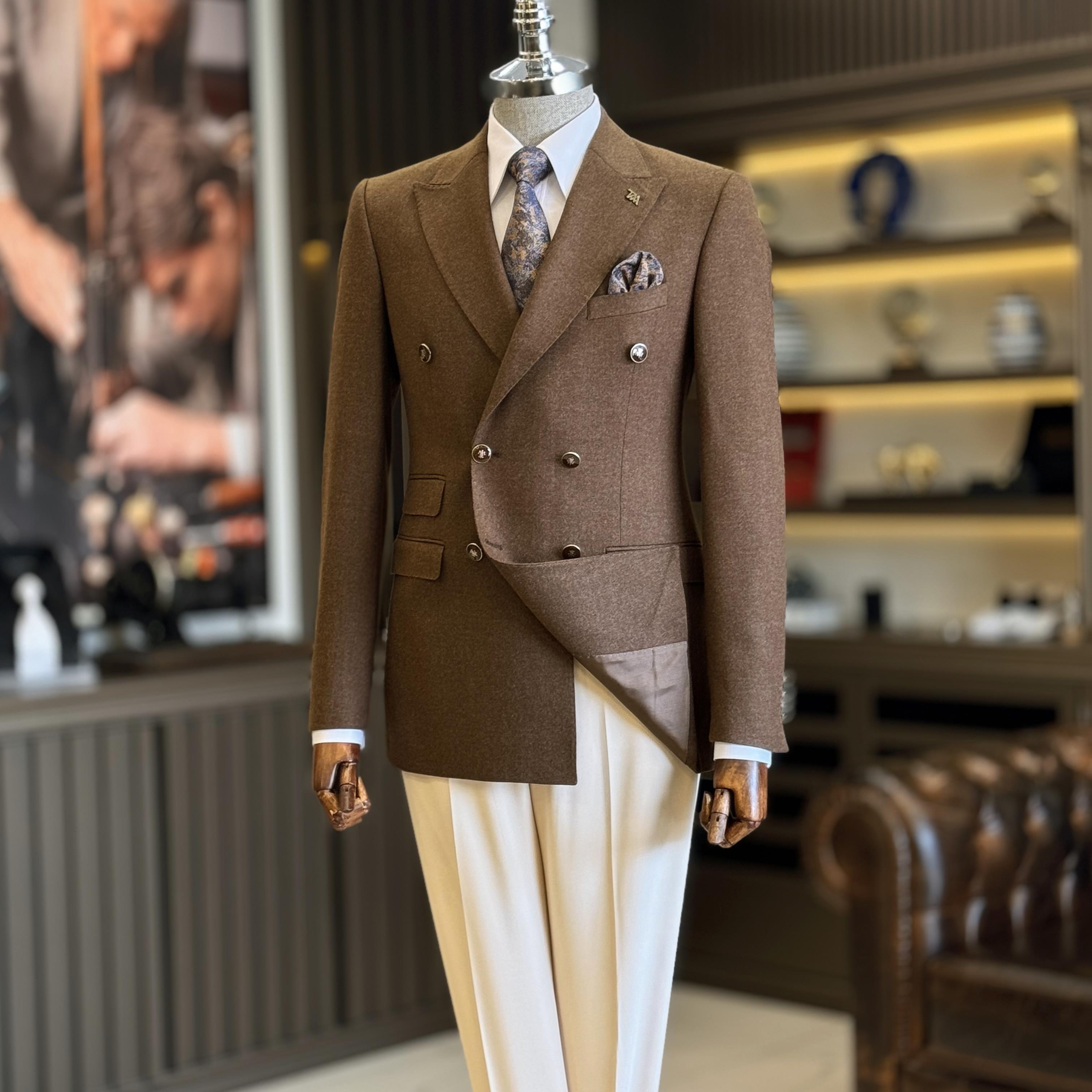 İtalyan stil slim fit kruvaze erkek ceket kahverengi T10742