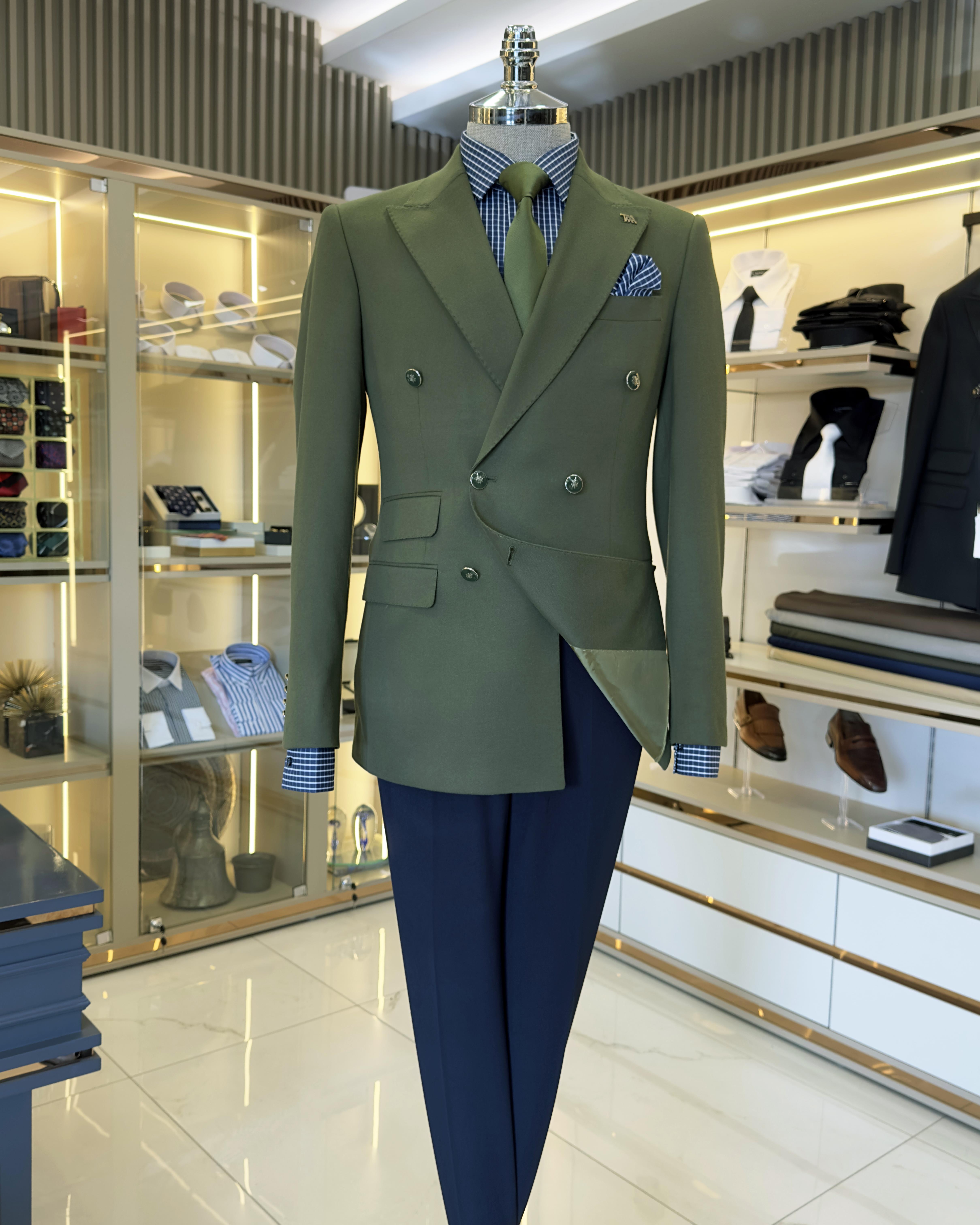  Italian style slim fit double-breasted men's jacket green T10767
