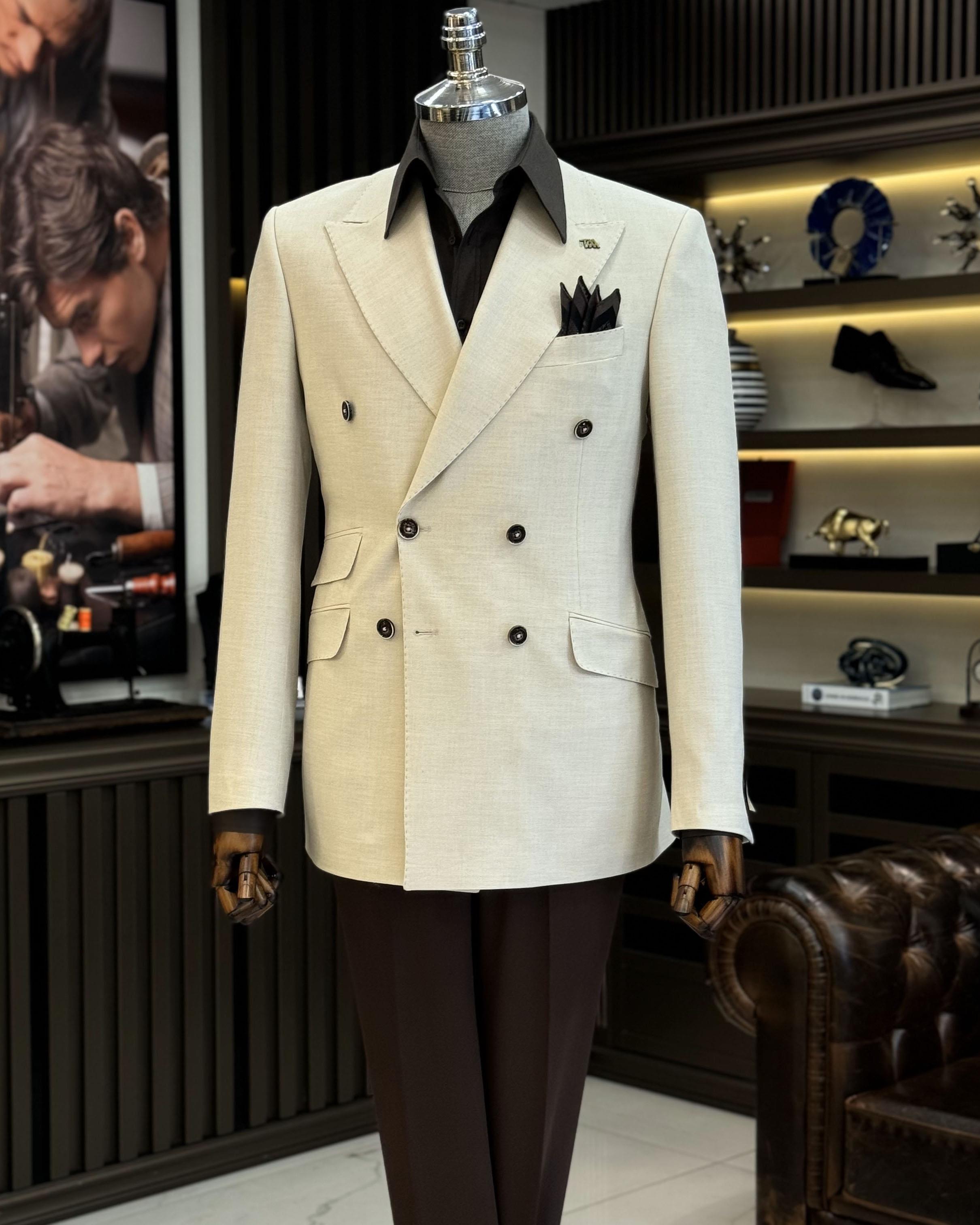 İtalyan stil slim fit kruvaze erkek ceket bej T12238