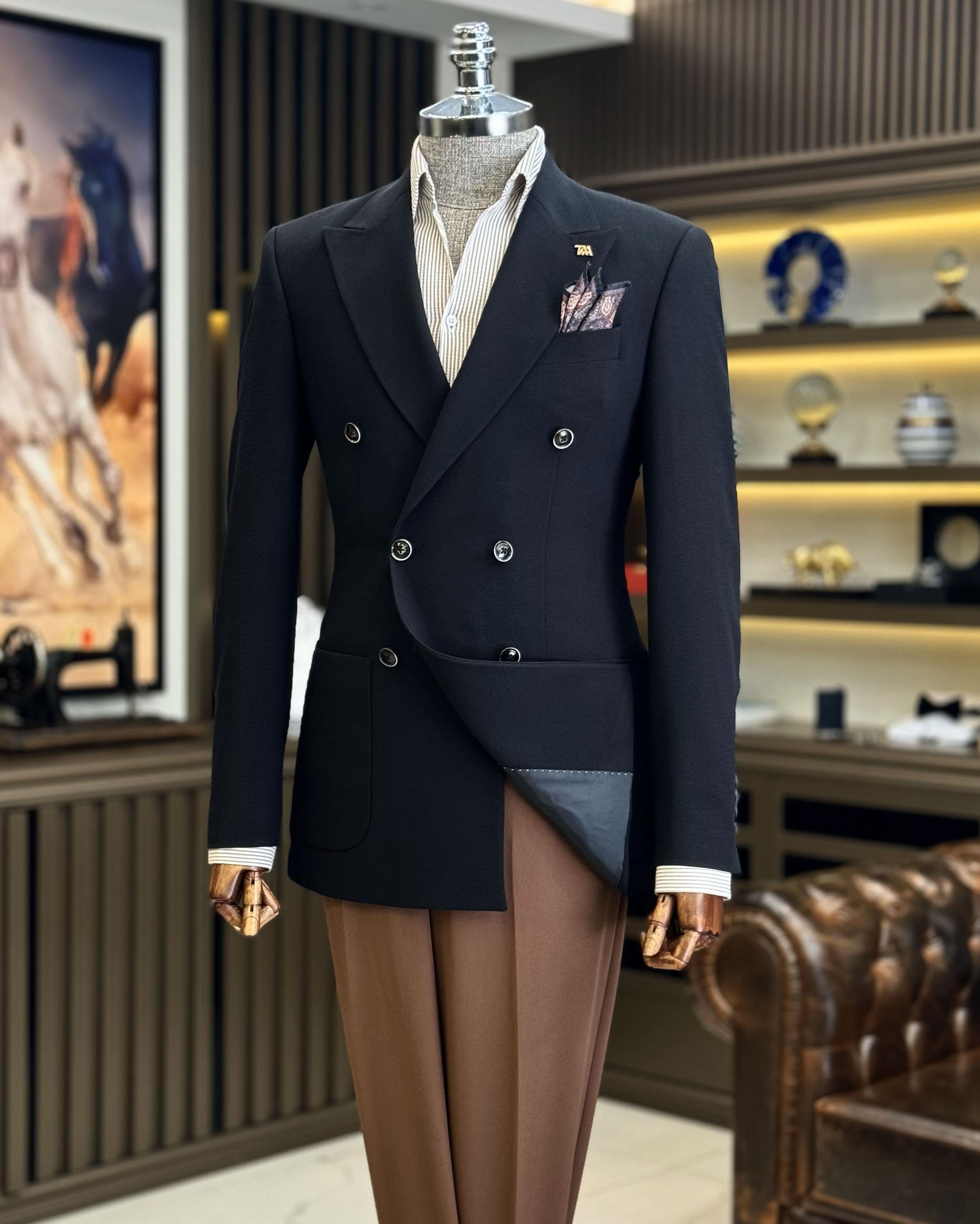 İtalyan stil slim fit kruvaze erkek ceket siyah T12226