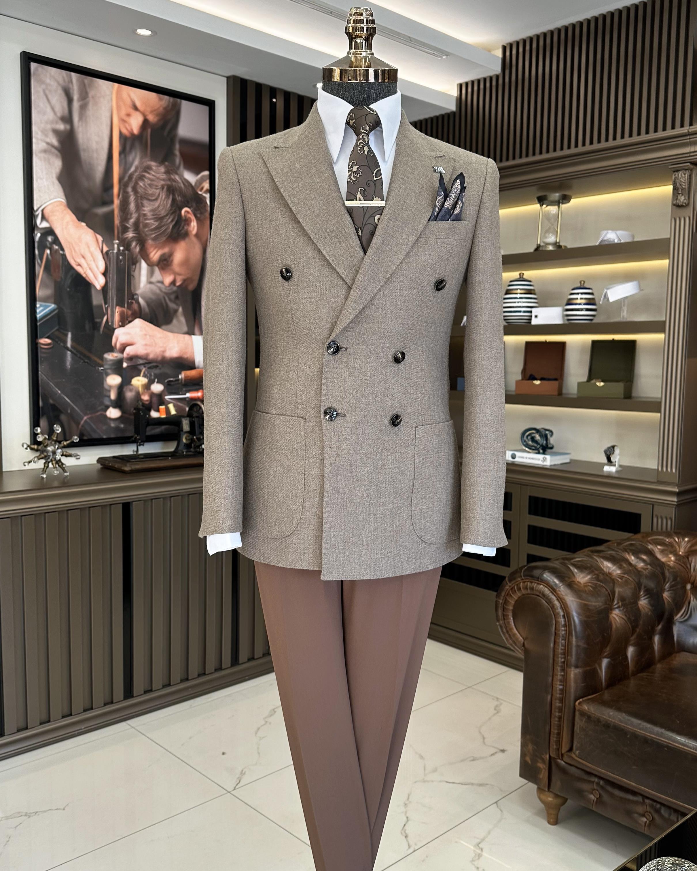 İtalyan stil slim fit kruvaze erkek ceket bej T10977