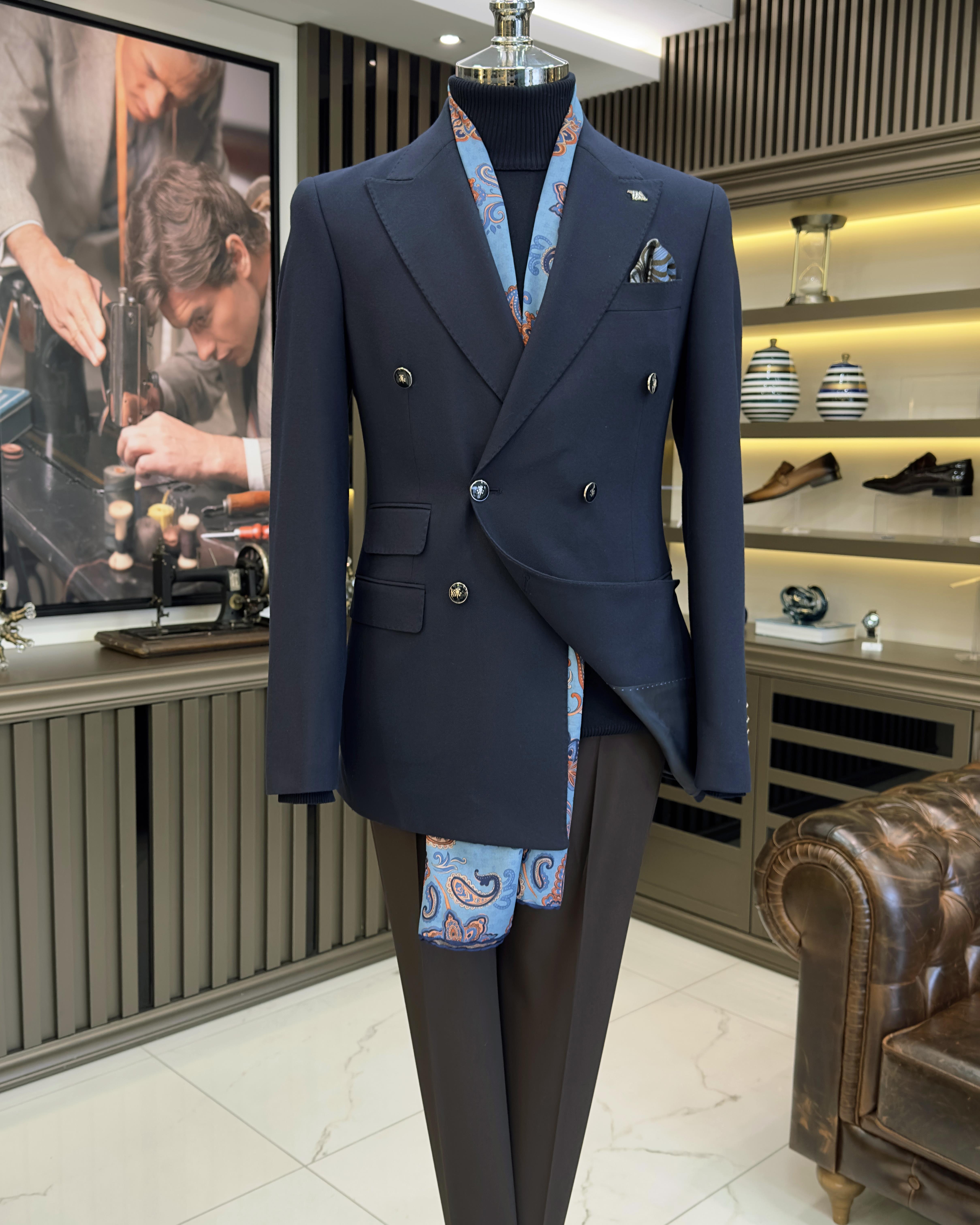  Italian style slim fit double-breasted men's jacket navy blue T10762