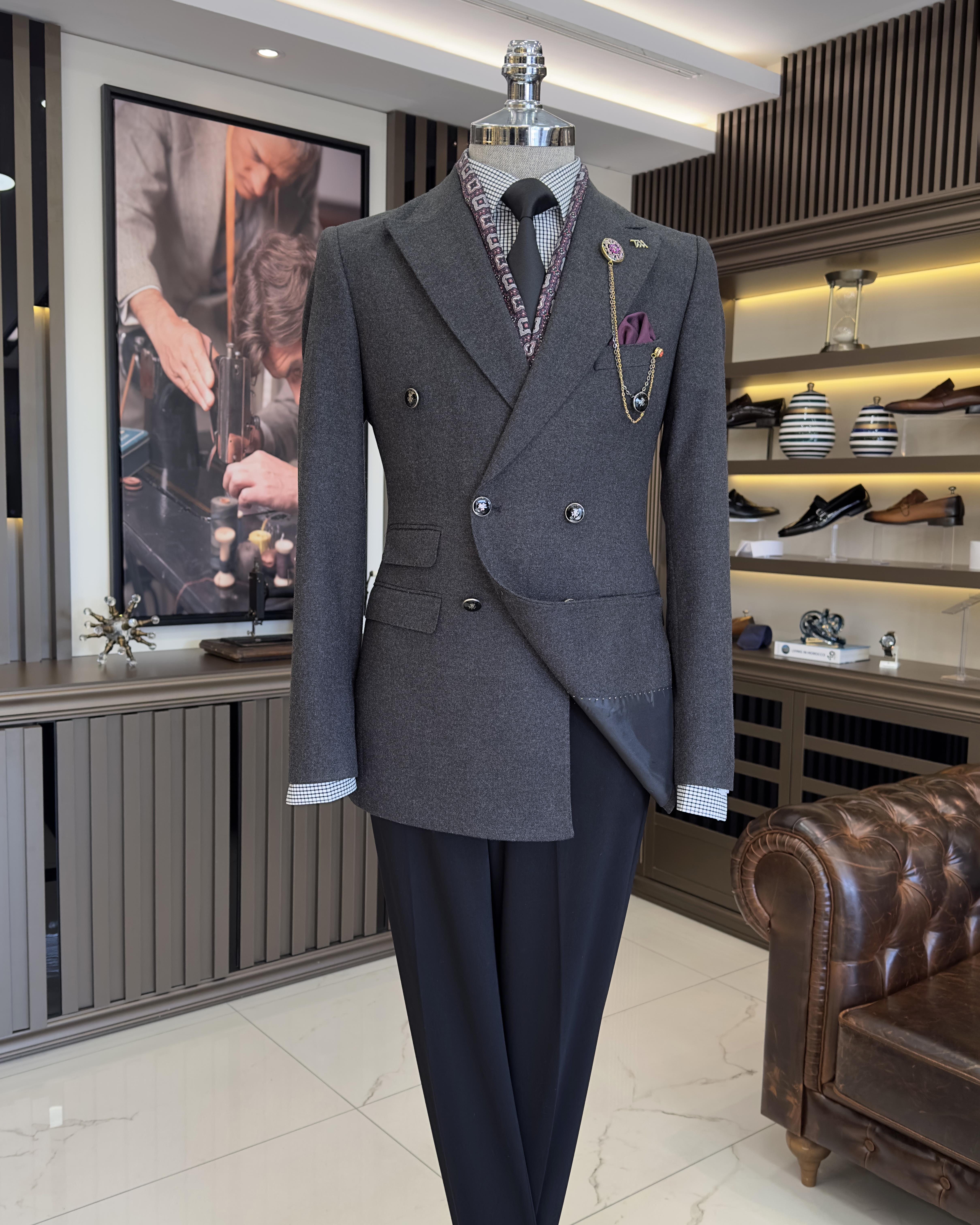 İtalyan stil slim fit kruvaze erkek ceket antrasit T10739