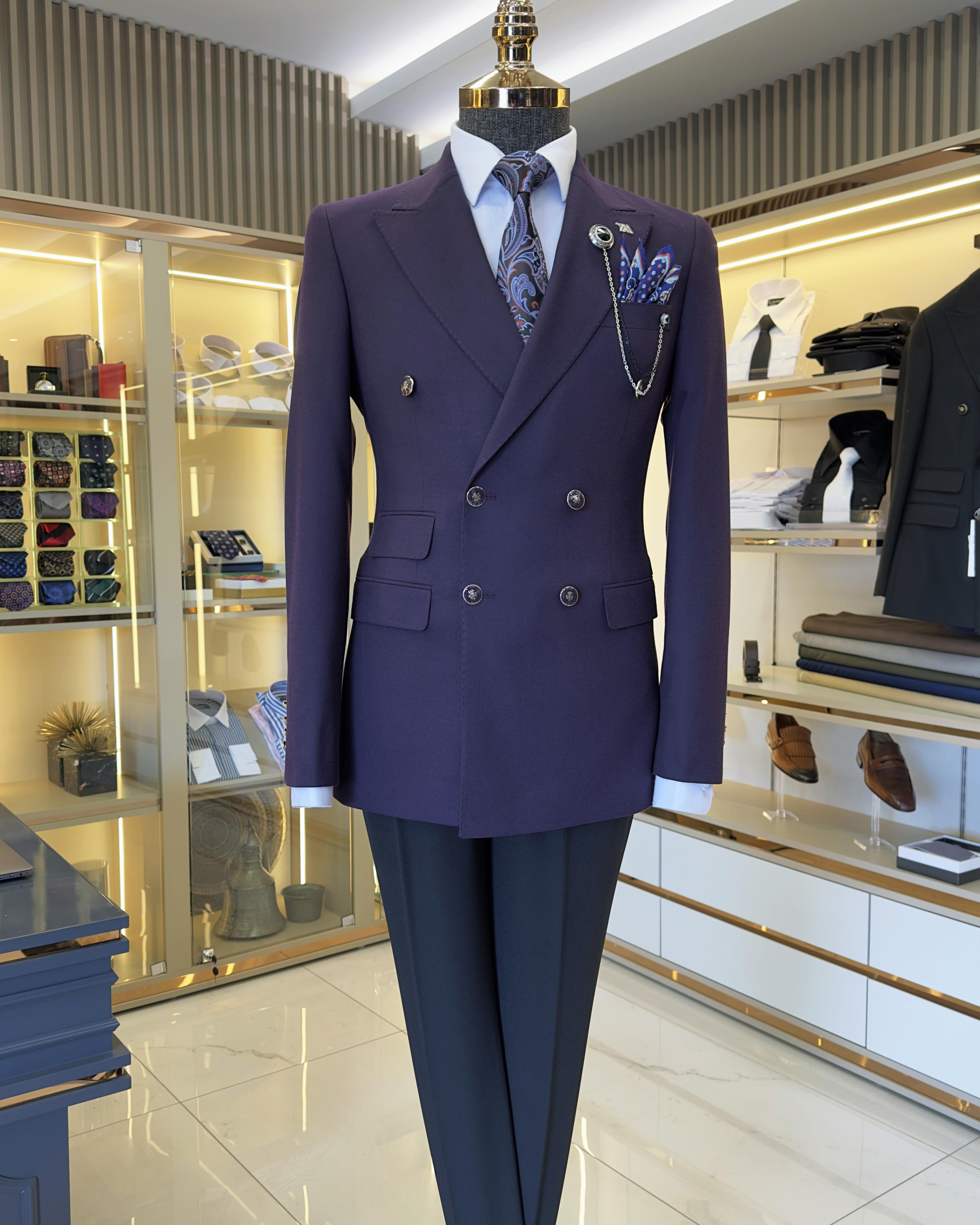 Italian style slim fit double-breasted men's jacket purple T10765
