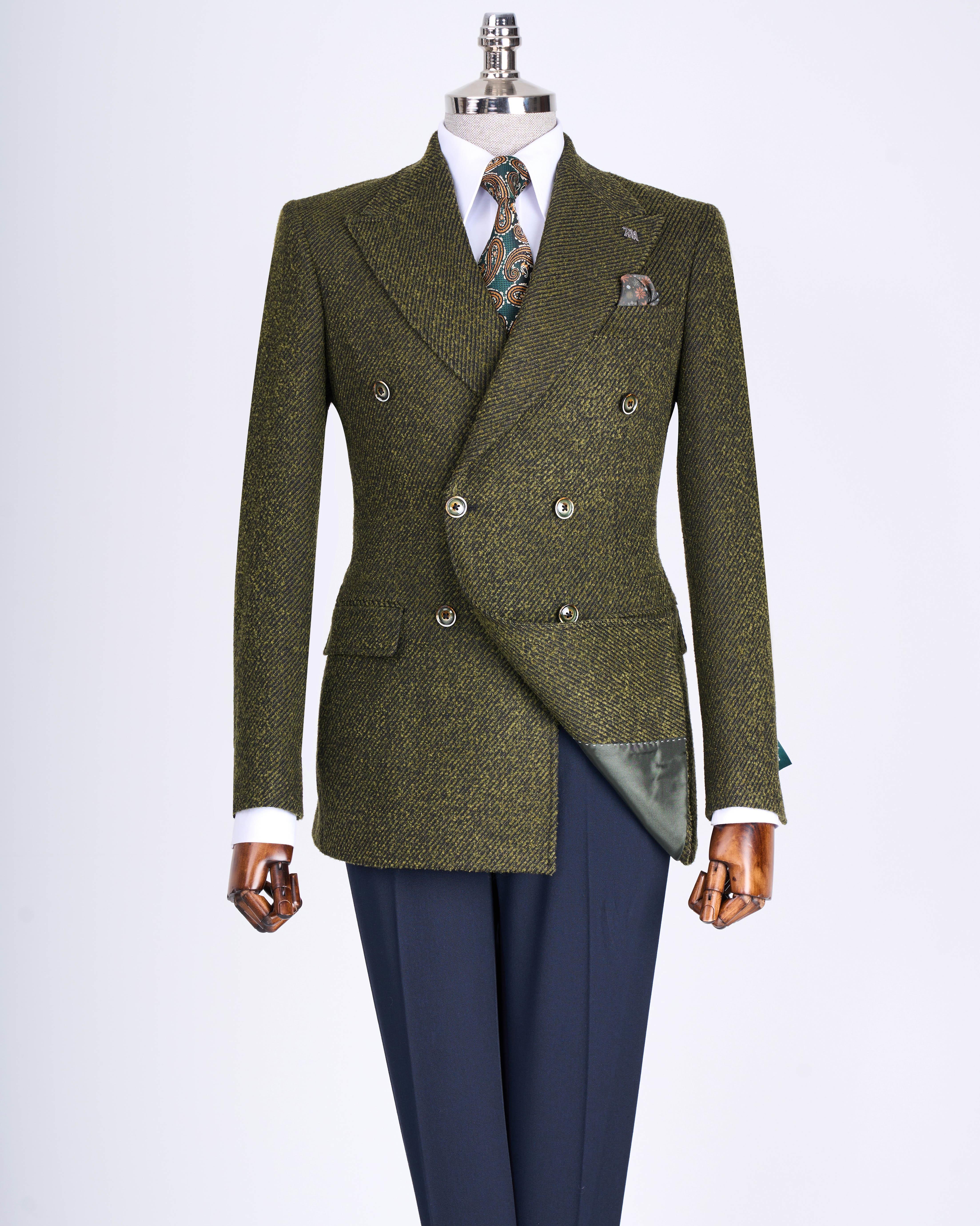İtalyan stil slim fit kruvaze erkek tek ceket yeşil T13355