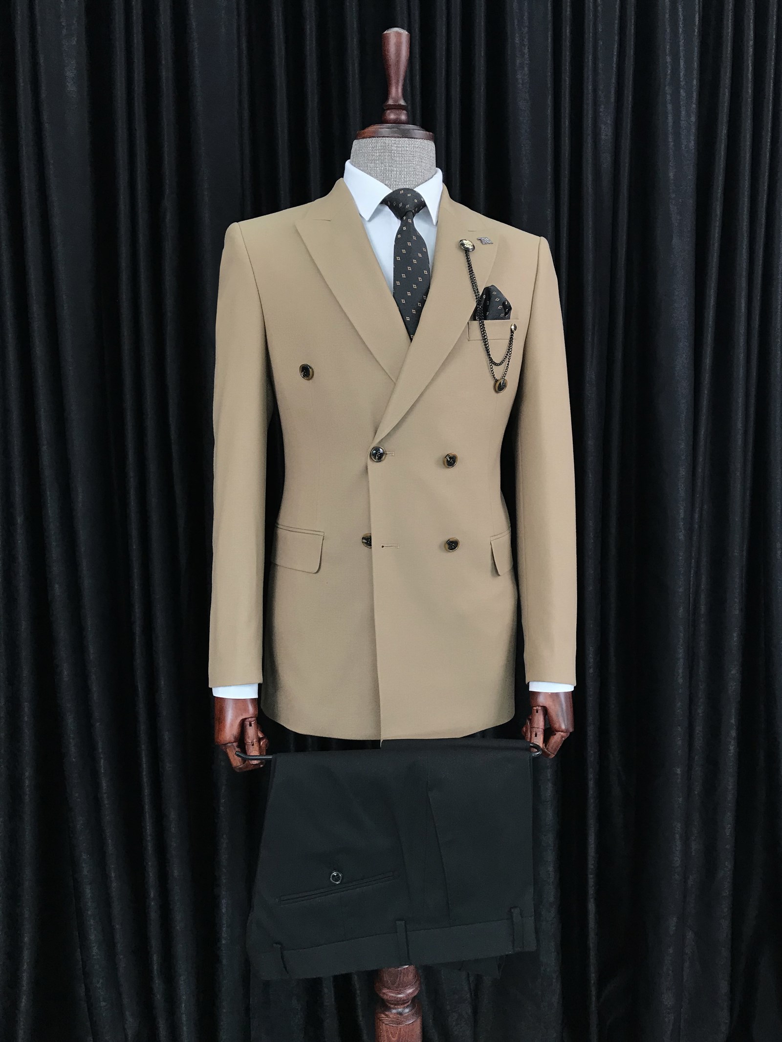 İtalyan stil slim fit kruvaze erkek tek ceket Bej T8757
