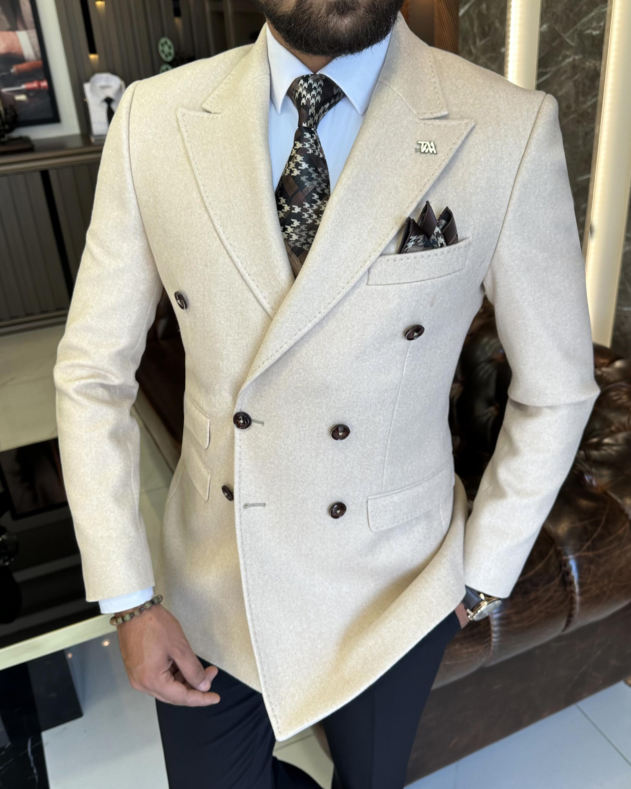 İtalyan stil slim fit kruvaze kaşe erkek ceket bej T10297