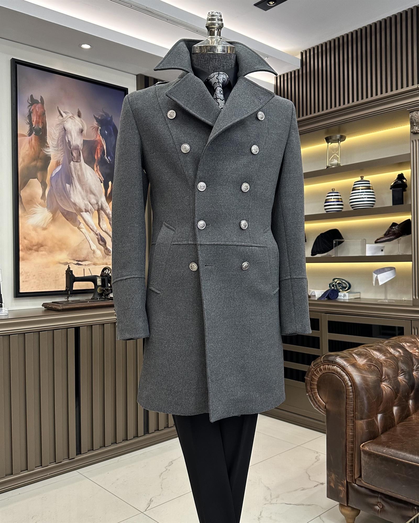 İtalyan stil slim fit kruvaze kaşe kaban antrasit T10016