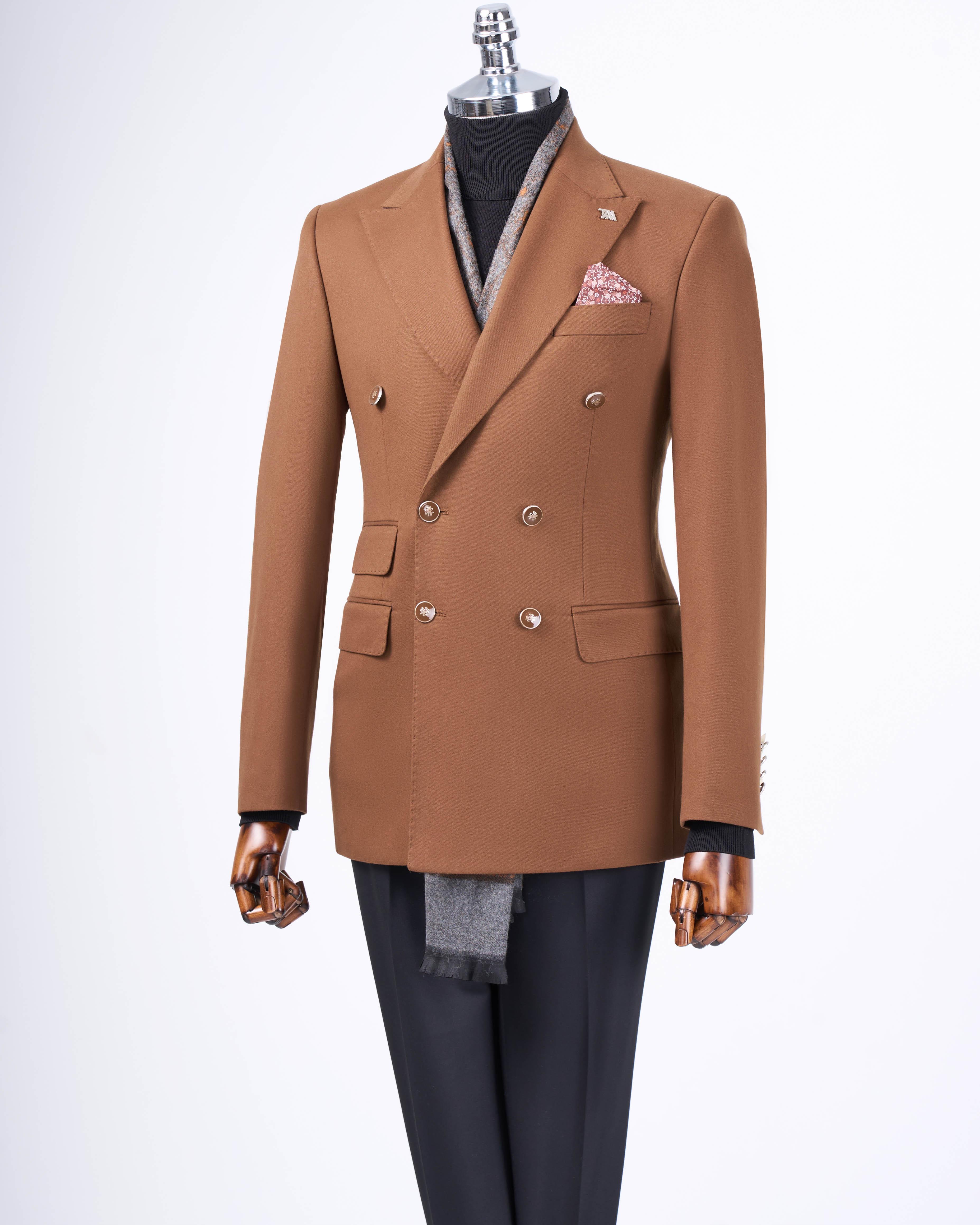 İtalyan stil slim fit kruvaze sivri yaka erkek ceket kahverengi T13295
