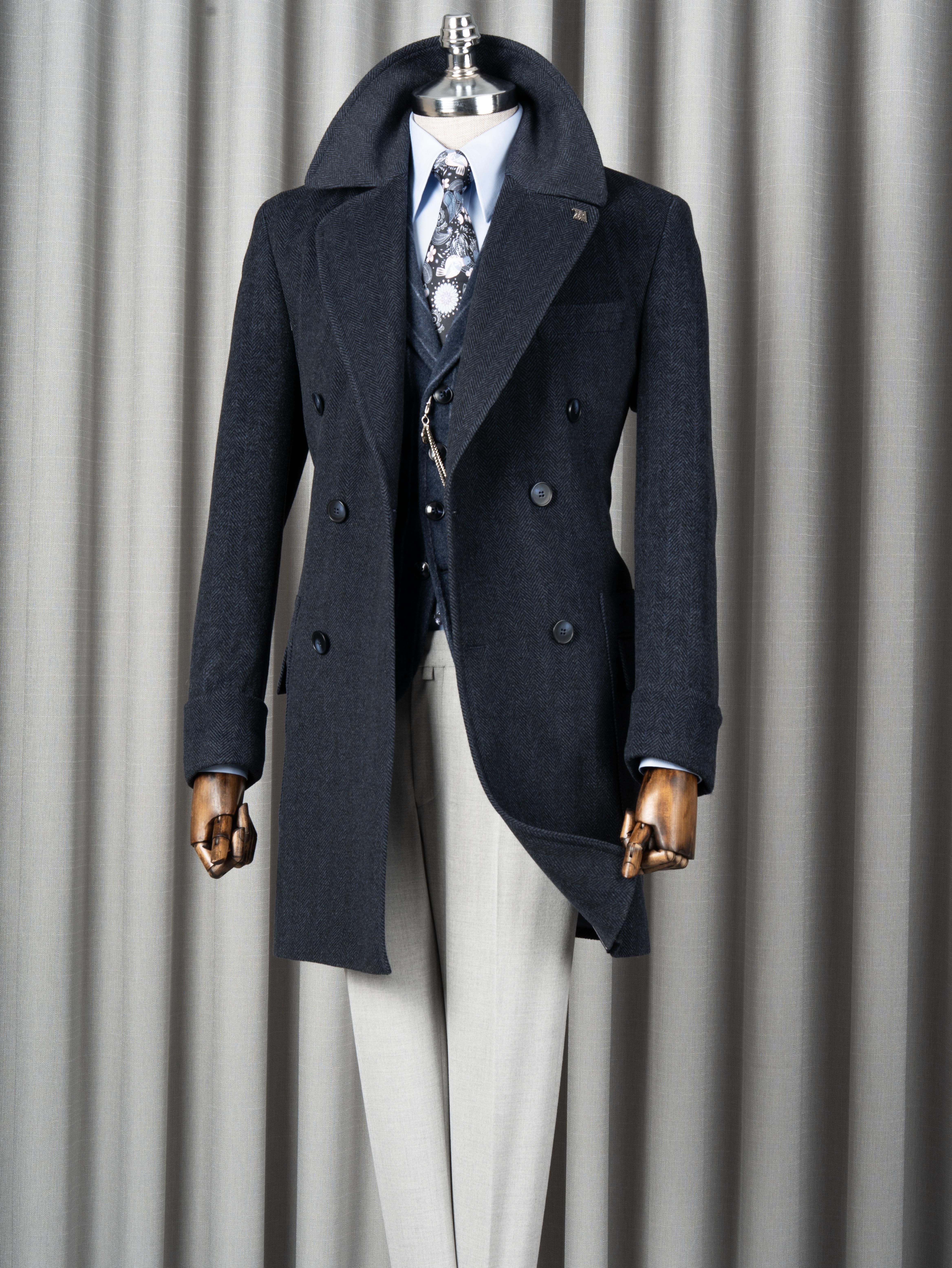 İtalyan stil slim fit kruvaze yün karışımlı kaşe erkek kaban lacivert T14712