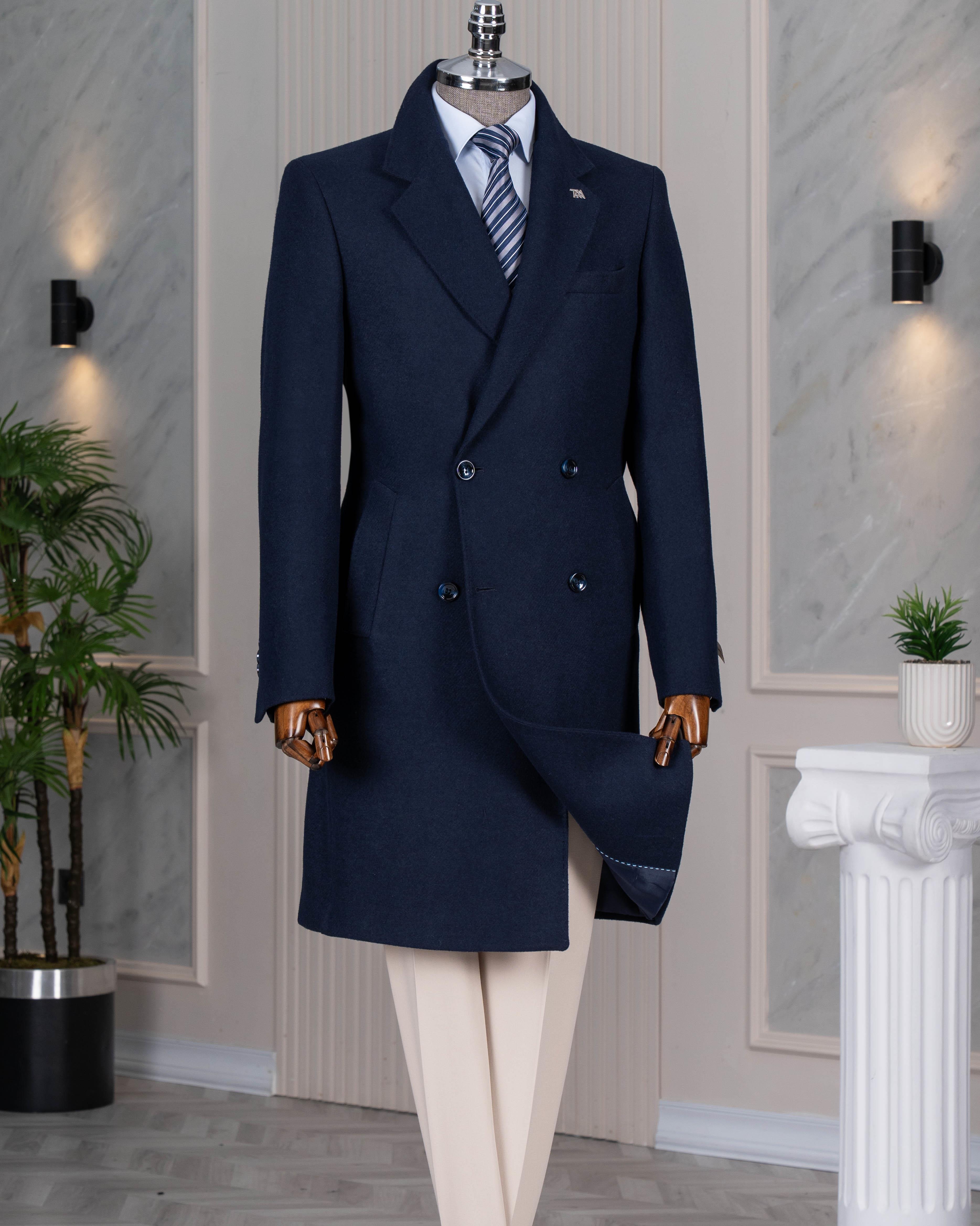 İtalyan stil slim fit kruvaze yün karışımlı kaşe erkek kaban lacivert T14716