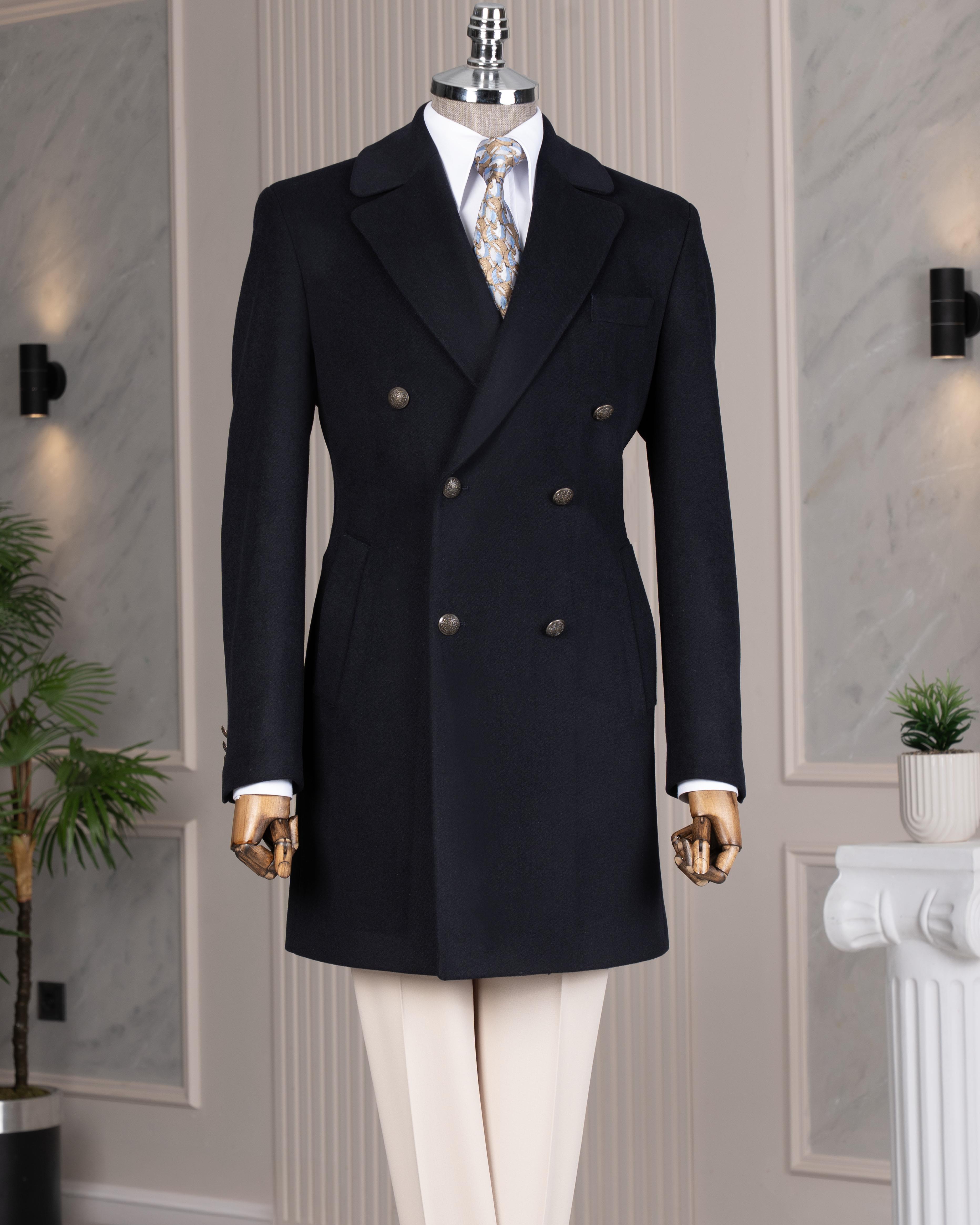 İtalyan stil slim fit kruvaze yün karışımlı kaşe erkek kaban lacivert T14708