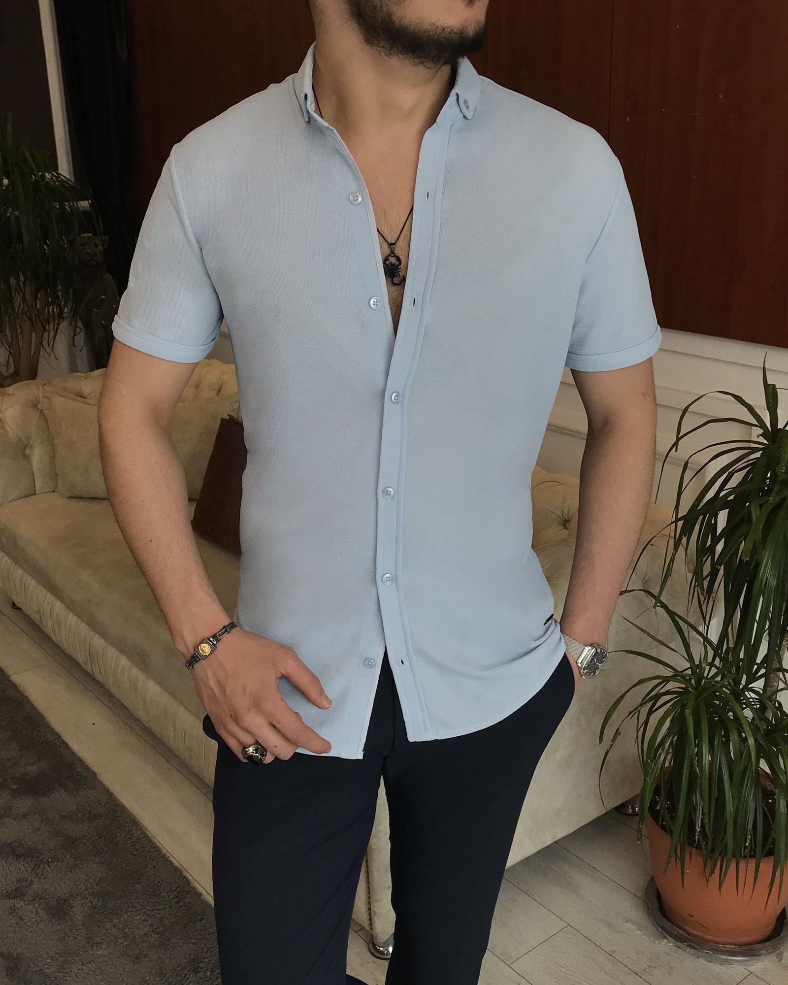 İtalyan stil slim fit küçük yaka kısa kollu gömlek Mavi T7110