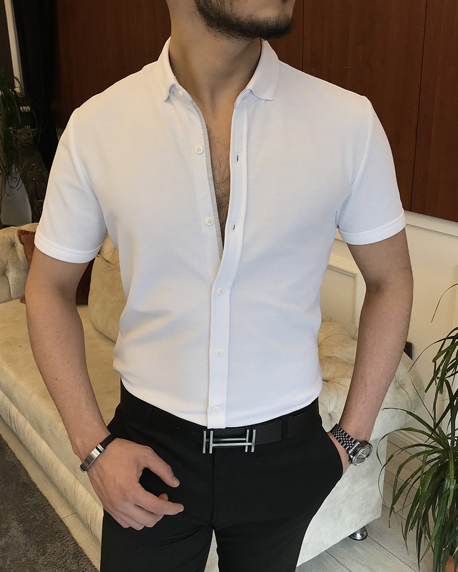 İtalyan stil slim fit küçük yaka kısa kollu gömlek Beyaz T7103
