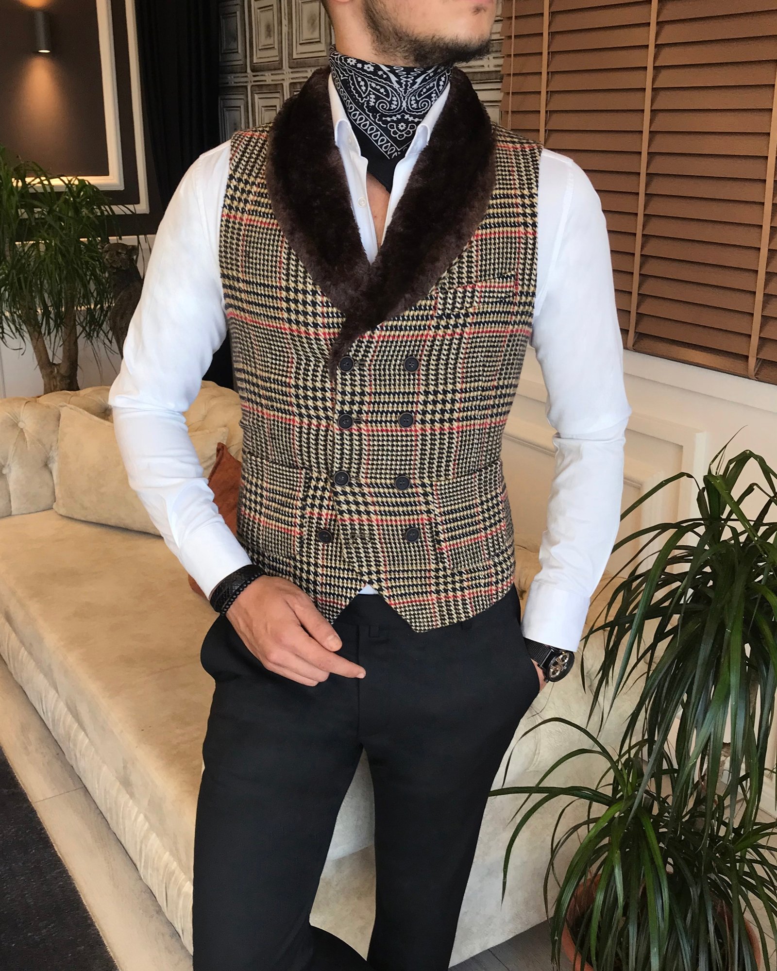 İtalyan stil slim fit kürklü cepken yelek çok renkli T6361