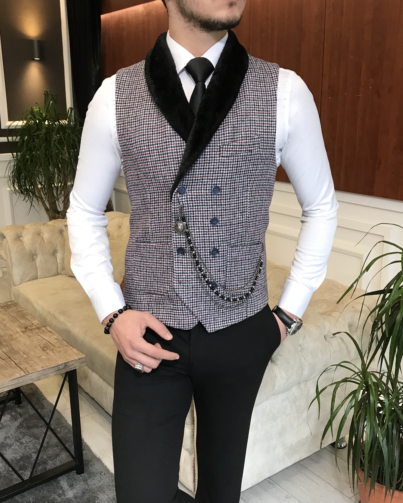 İtalyan stil slim fit kürklü cepken yelek çok renkli T6368