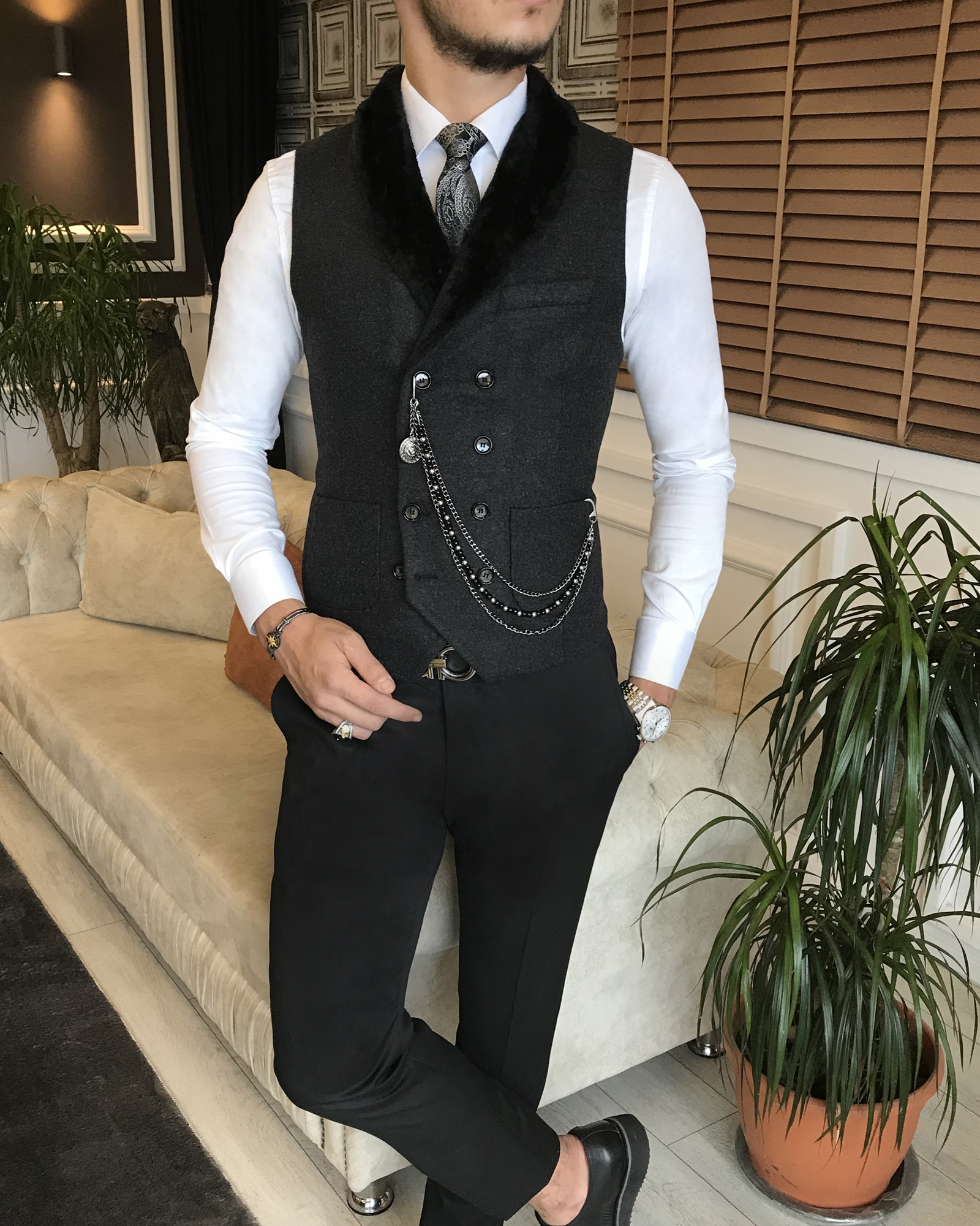 İtalyan stil slim fit kürklü cepken yelek antrasit T6370
