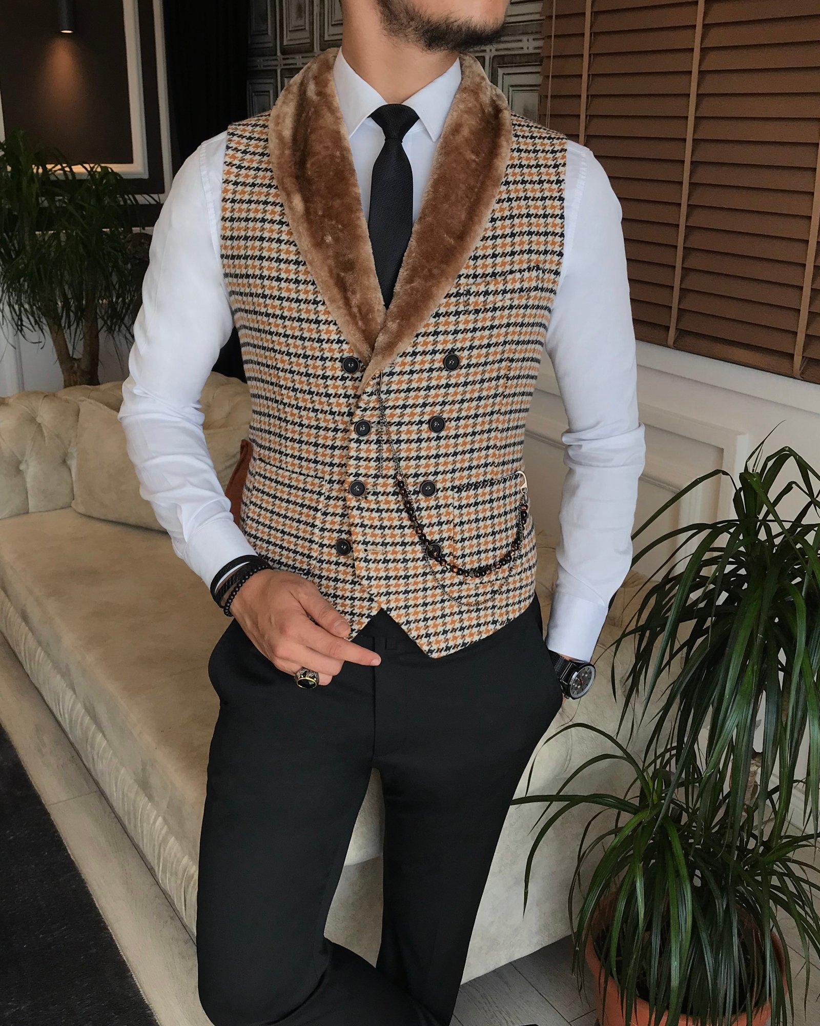 İtalyan stil slim fit kürklü cepken yelek çok renkli T6360