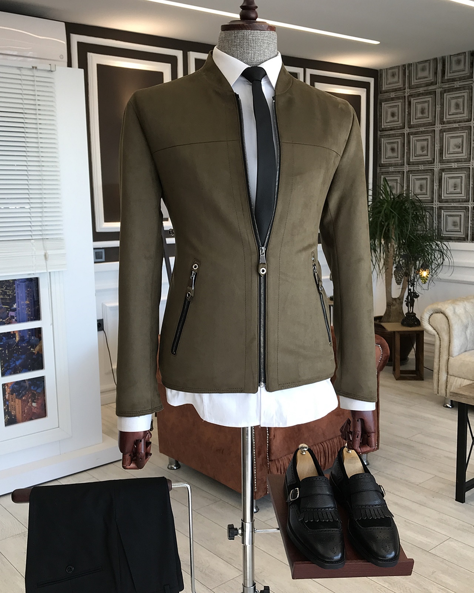 Italian Style Slim Fit Seasonal Men's Suede Coat Thin Jacket Khaki T5160