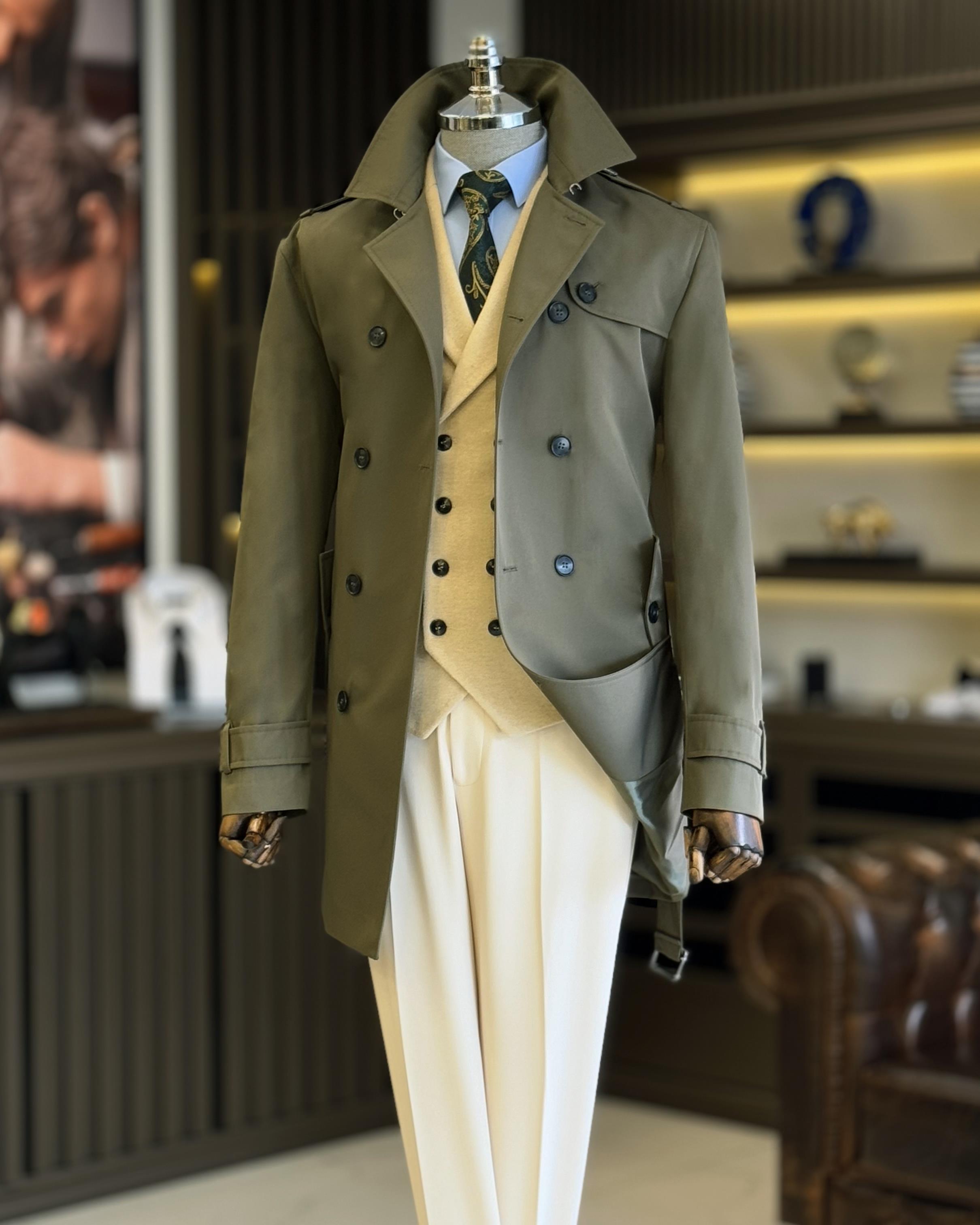 İtalyan stil slim fit mevsimlik erkek trençkot mont Yeşil T4976